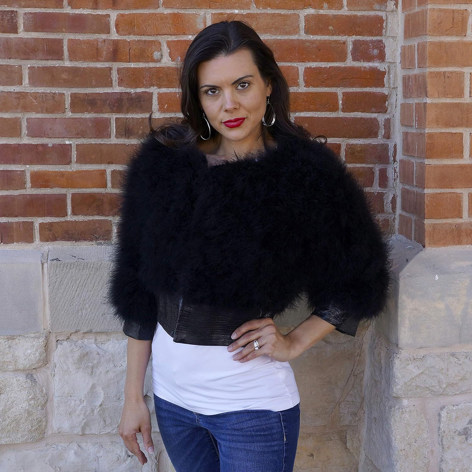 ZUCKER Natural Marabou Feather Jacket with Faux Leather Trim- 3/4 Sleeve Vintage Style Bolero Wedding Wrap for Women
