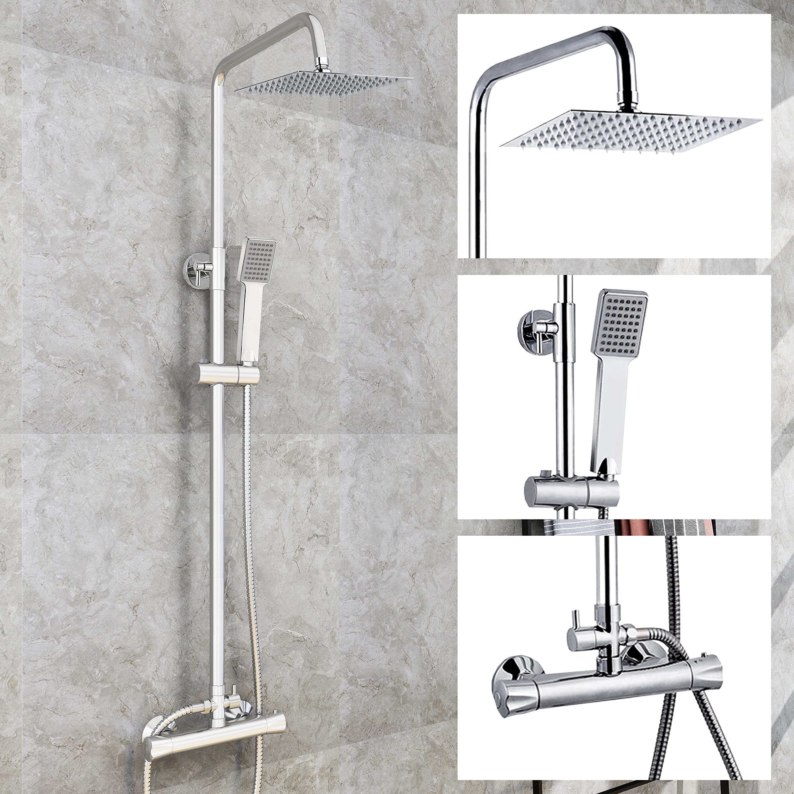 Huibathroom Thermostatic Shower Mixer Set for Bathroom Square Chrome Designer Rainfall Shower Head Handset Exposed Valve, Hose & Rail