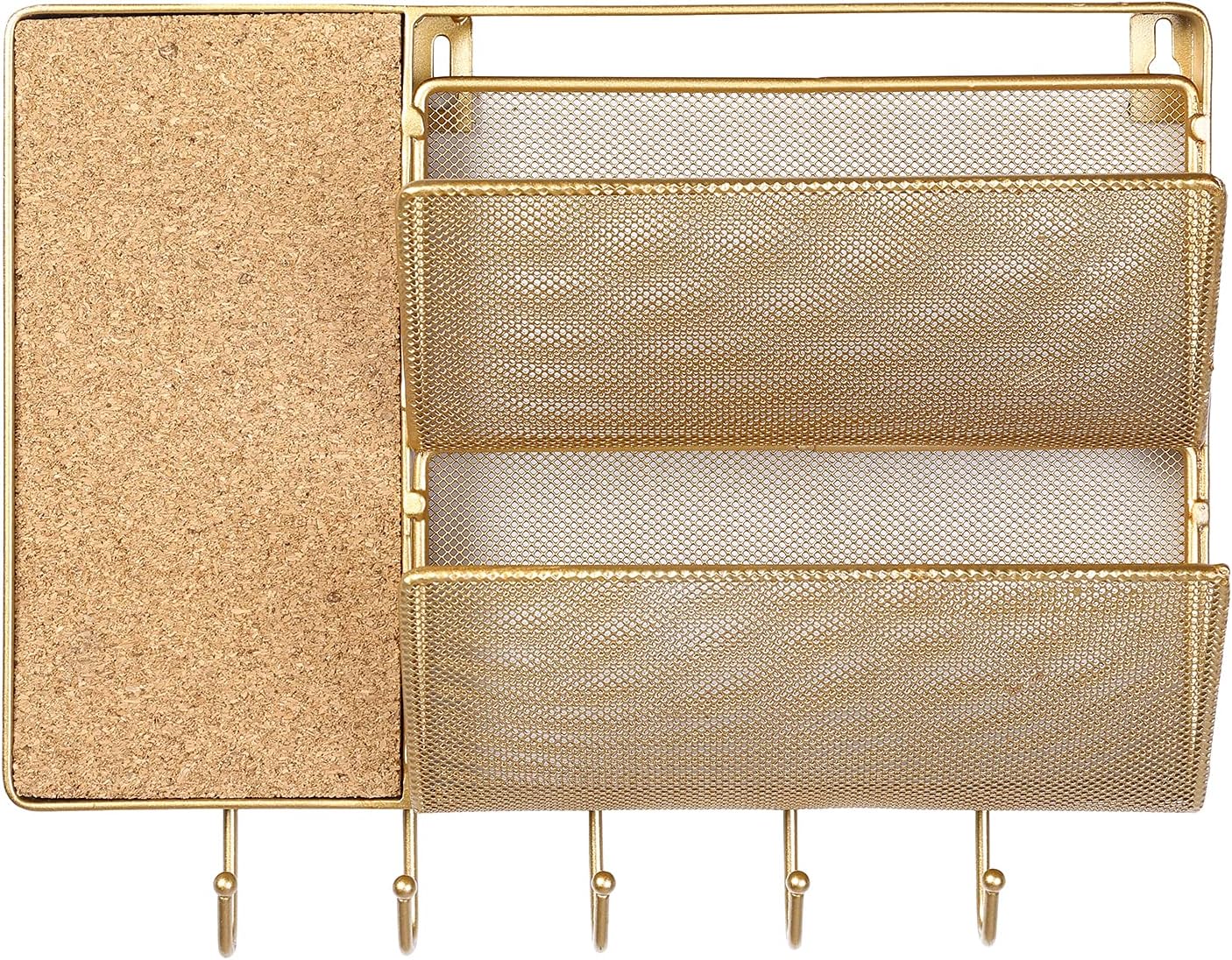 MyGift Modern Gold Metal Mesh Entryway Wall Organizer Command Center Cork Board Rack Includes 5 Key Hooks and 2 Mail Sorter Slots