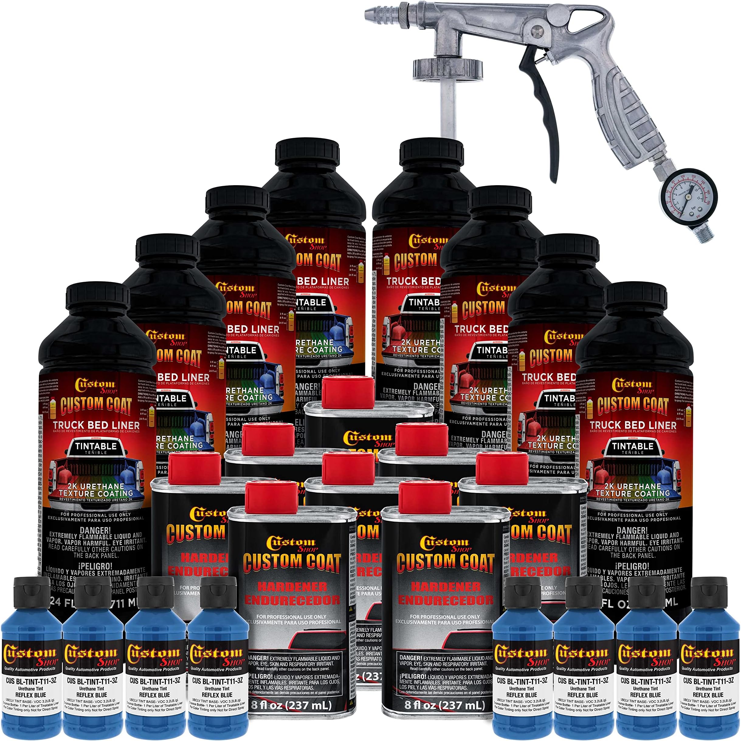 Custom Coat Reflex Blue 2 Gallon (8 Quart) Urethane Spray-On Truck Bed Liner Kit with Spray Gun and Regulator - Easy Mixing, Shake, Shoot - Textured Protective Coating, Prevent Rust - Car, Auto
