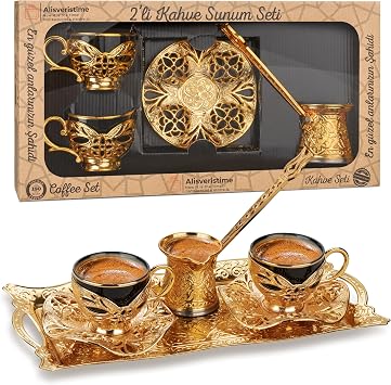 Alisveristime Turkish Coffee Set for Two, 2 Black Gilded Porcelain Cups with Zamac Holders and Saucers, Metal Tray, Lale Motif Zamac Coffee Pot Black Gilded Gold