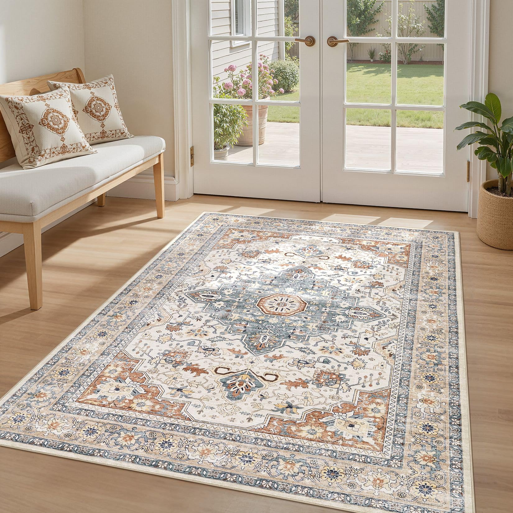 LOONGRUG 4x6 Beige Blue Area Rug