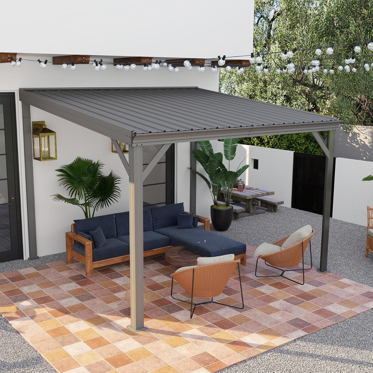 10x10FT Lean to Gazebo, Outdoor Hardtop Wall Mount Gazebo with Gutter & Sloping Galvanized Steel Roof, Metal Hard Top Awnings for Deck, Porch, Backyard
