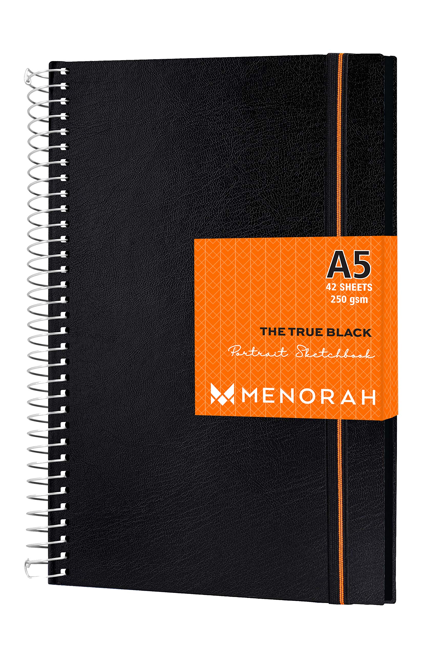 MENORAH–A5 Black Sketchbook-The True Black Sketch Book for Artist-250 GSM-Metal Spiral Bound Drawing Book-(84 Pages/42 Sheets) - (Size 21.0 x 14.8 cm) Notebook Journal (Sketchbook-Portrait)