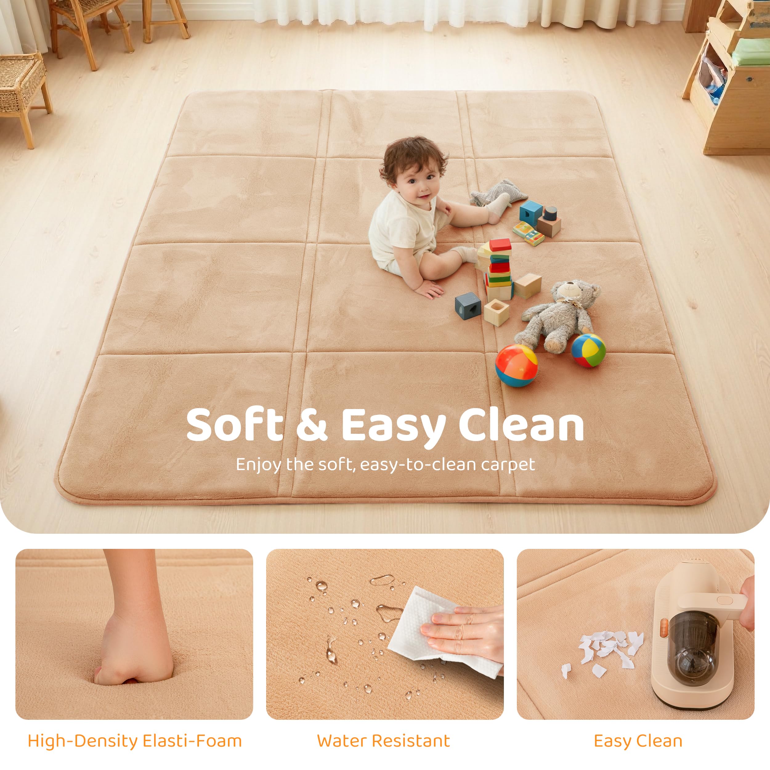 BYBYME Tappetino da gioco pieghevole da 3 cm di spessore, 150 x 200 cm, con fondo antiscivolo, morbido tappetino in memory foam per neonati, bambini e bambini, ideale per soggiorno e yoga, marrone