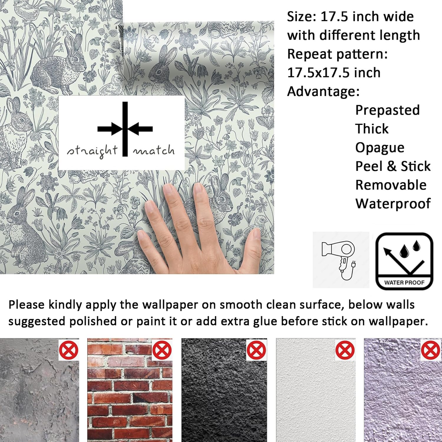 Livelynine 17.5x276 Vintage Bunny Peel and Stick Wallpaper Floral Antique Rabbit Toile Whimsical Farmhouse Wall Paper for Bathroom Kids Kitchen Dark Blue and White Contact Paper Renter Friendly Vinyl