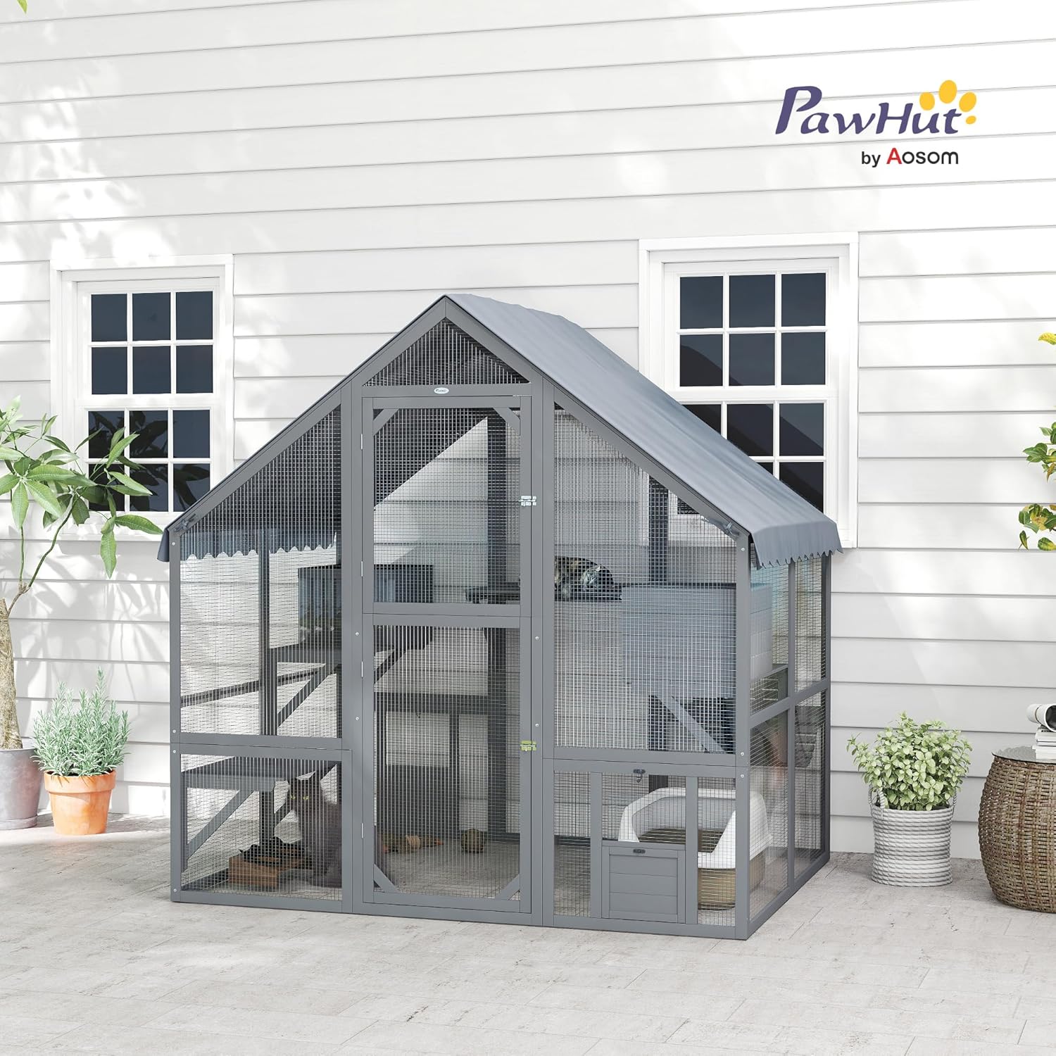 PawHut 73" L Large Catio Outdoor Cat Enclosure for Multiple Kittens, 28 sq.ft Wooden Cat House with Waterproof Cover, Walk in Kitty Cage Kennel with 2 Condos, 4 Platforms, Bridge, Doors, Gray