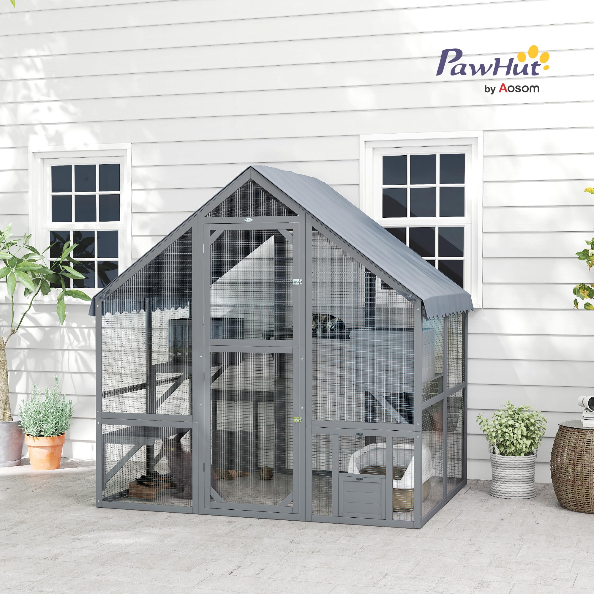PawHut Large Catio Outdoor Cat Enclosure for Multiple Kittens, Wooden Cat House with Waterproof Cover, Walk in Kitty Cage Kennel with 2 Condos, 4 Platforms, Bridge, Doors, 73