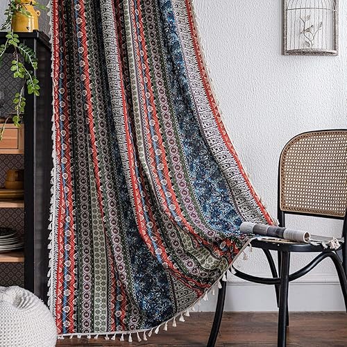 VOGOL Cortinas semiopacas bohemias rayas coloridas con borlas decorativas para ventanas 1 panel con bolsillo para barra para sala de estar 59 x 79