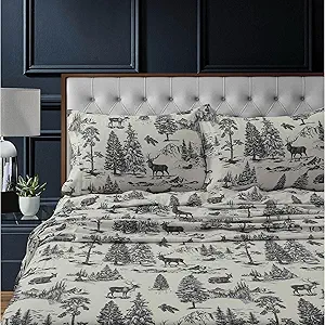 Tribeca Living 100% Cotton Flannel Sheet Set - 200 GSM, Deep Pocket, Ultra Soft & Cozy, California King, Deer Toile Charcoal