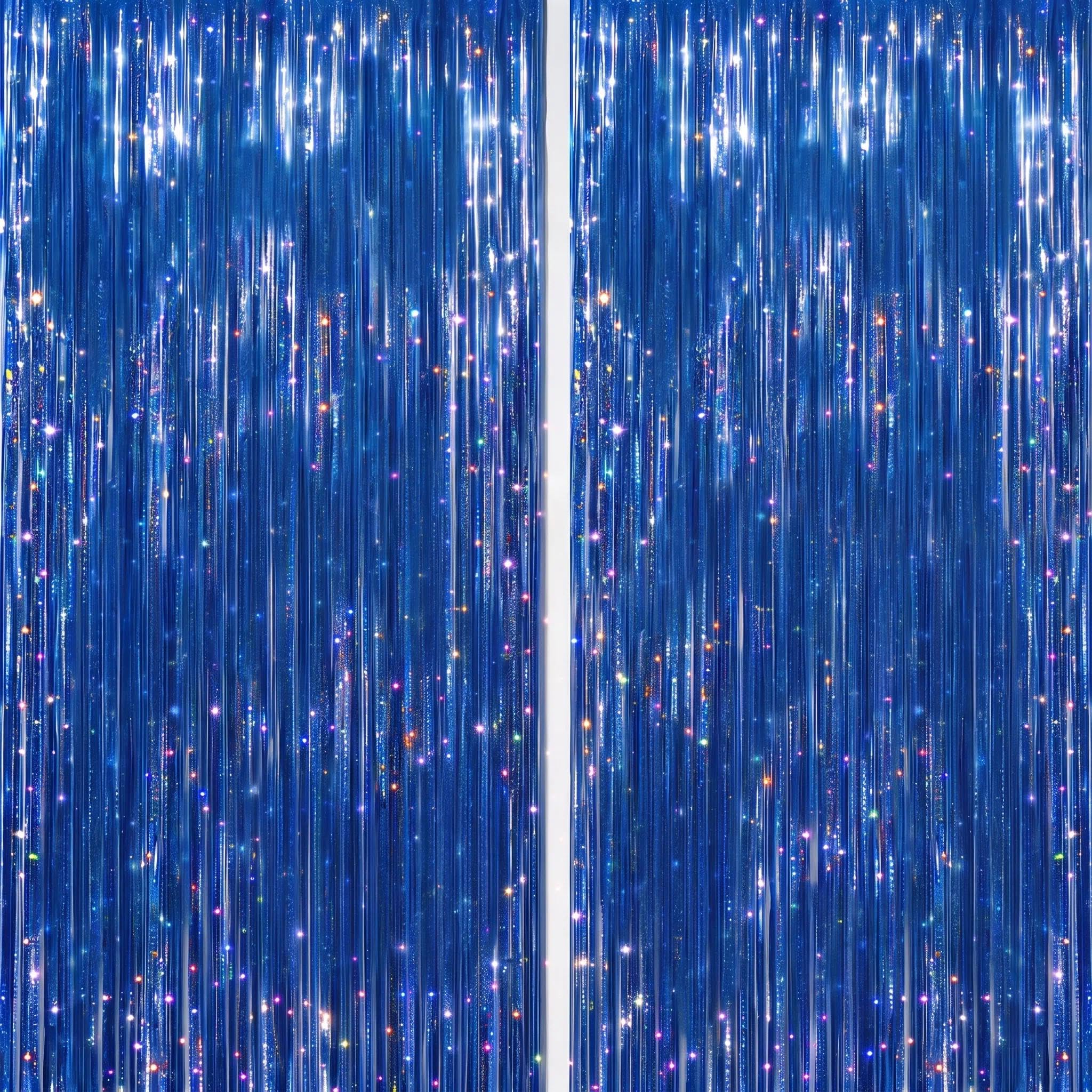 DECOCKRAT 2 Pack Foil Fringe Backdrop - Laser Royal Blue Shiny Tinsel Curtains for Party Decoration/Photo Booth Props - 3.3x6.6 FT Metallic Foil Backdrop for Birthday, Wedding, Graduation, Christmas.