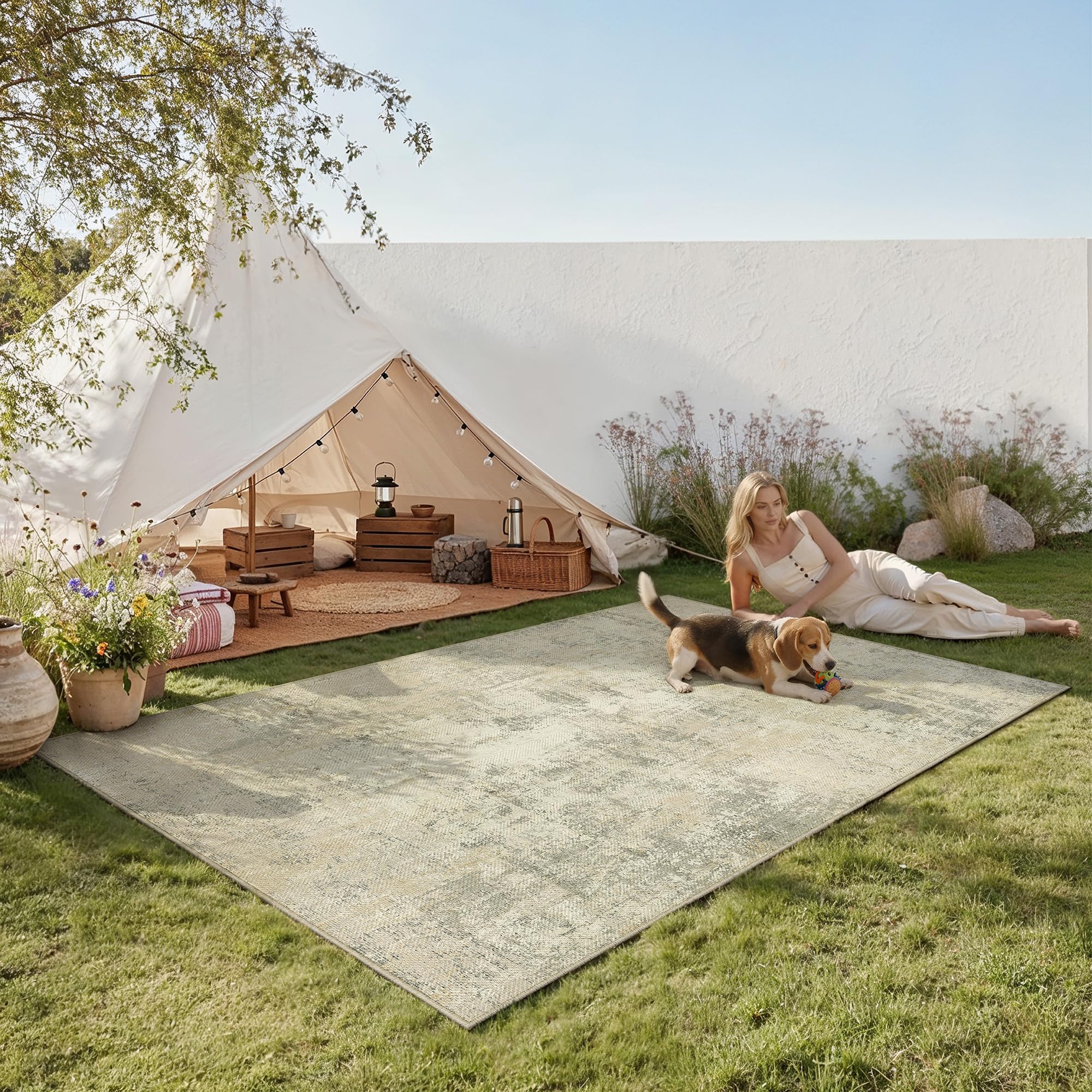 HUGEAR Outdoor Rug 120x170cm Beige Washable Patios Garden Rugs — image 1
