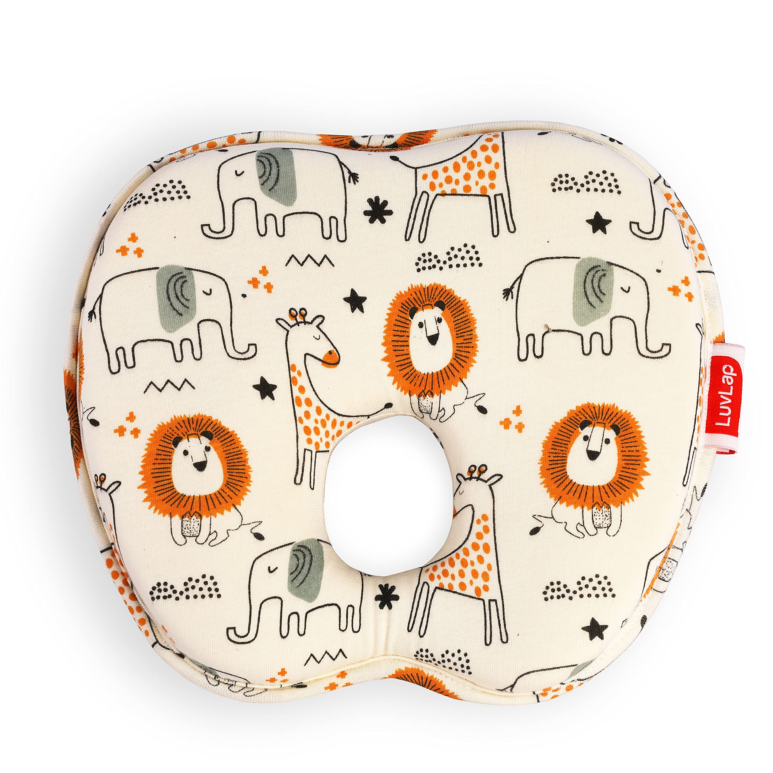 Luv Lap Memory Foam Baby Head Shaping Pillow, Baby Pillow for Preventing Flat Head Syndrome, 24 cm X 21 cm X 4 cm, 0m+, Apple Shape, Animal Print (Orange)(Pack of 1)