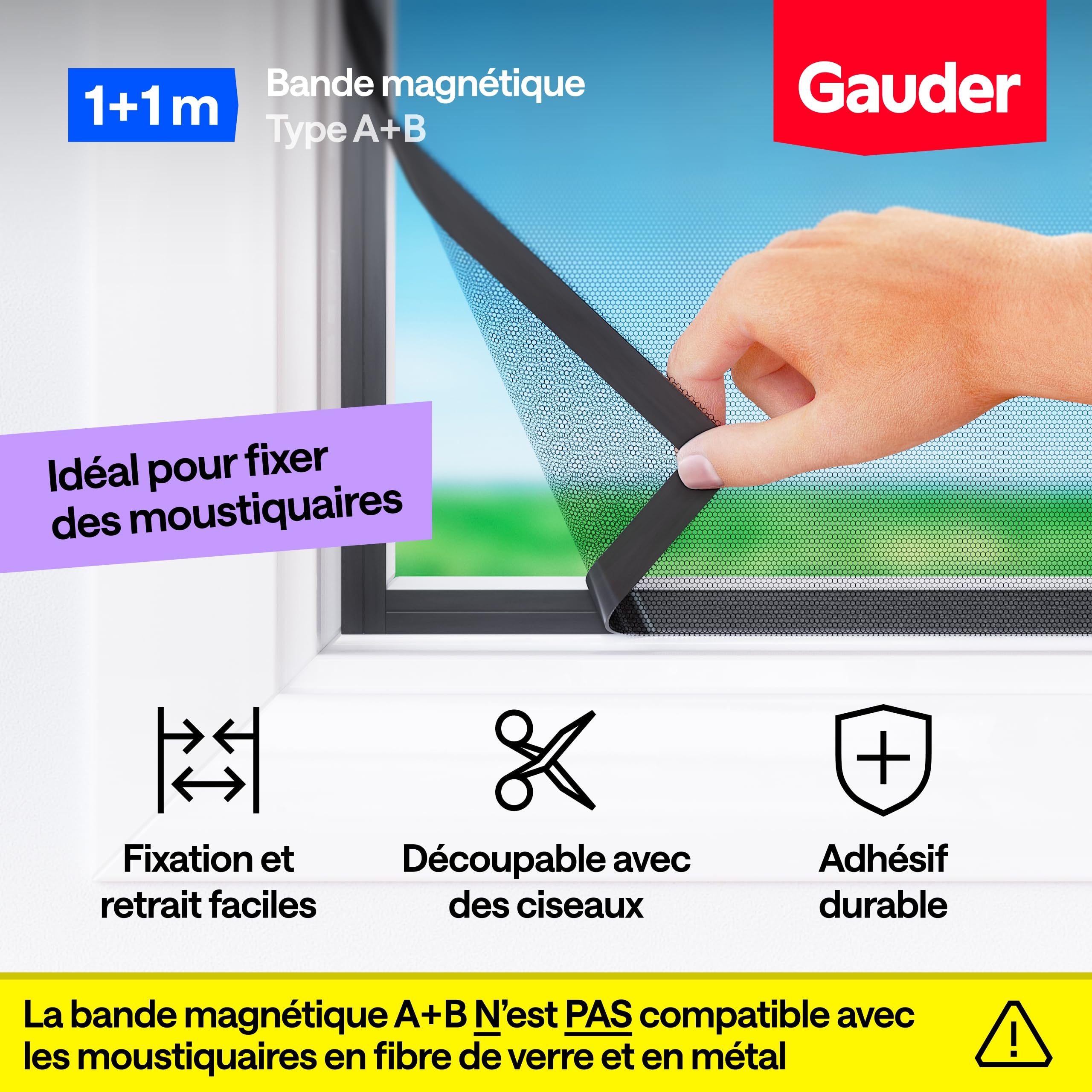 GAUDER Bande Magnétique A+B pour Moustiquaires (1+1 m) - Bandes Autocollantes Forte Attraction
