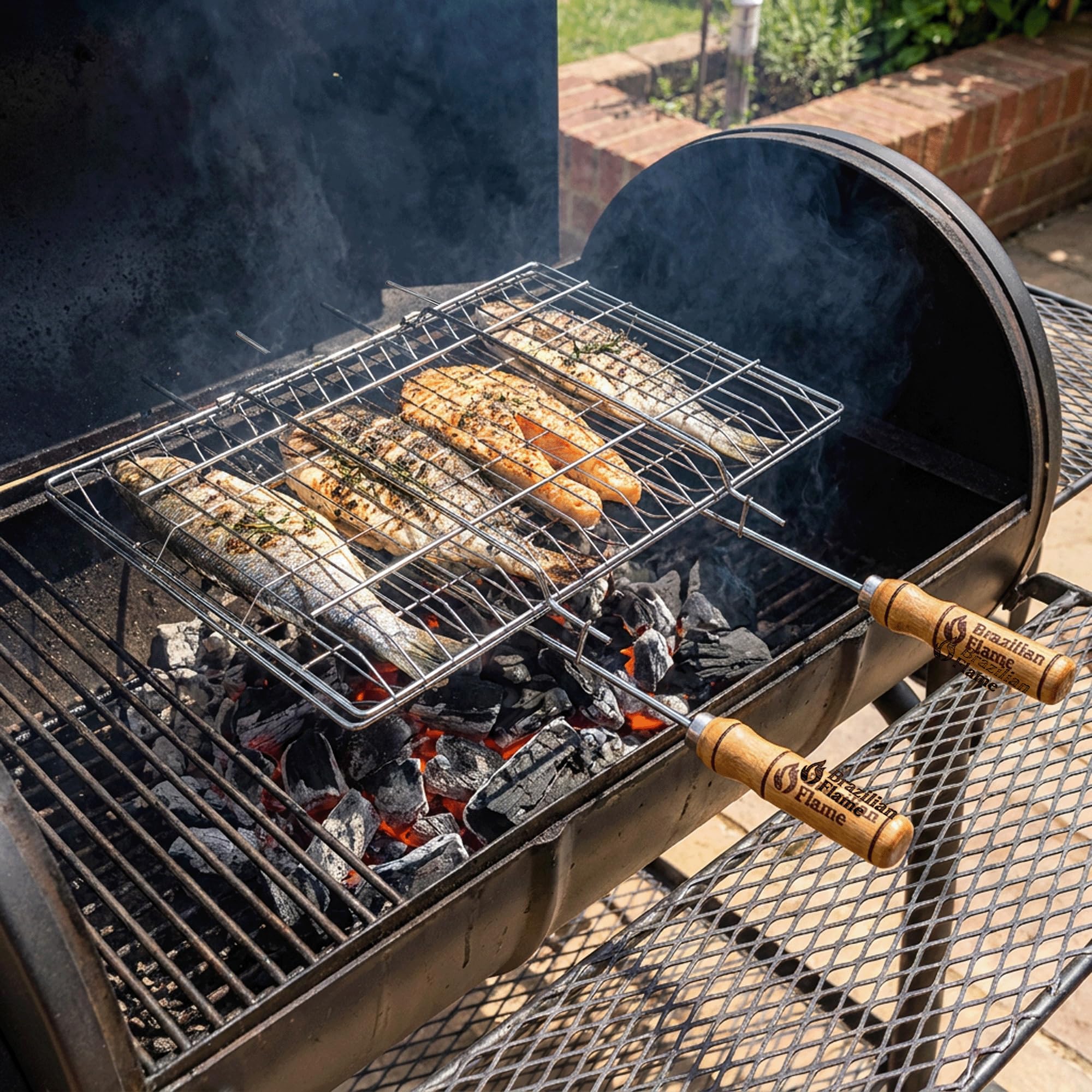 Brazilian Flame Cestino pieghevole per barbecue, in acciaio cromato, per verdure, carne, spiedini e spiedini | Design con bloccaggio su due lati | Adatto a griglie a gas, carbone e fuoco aperto |