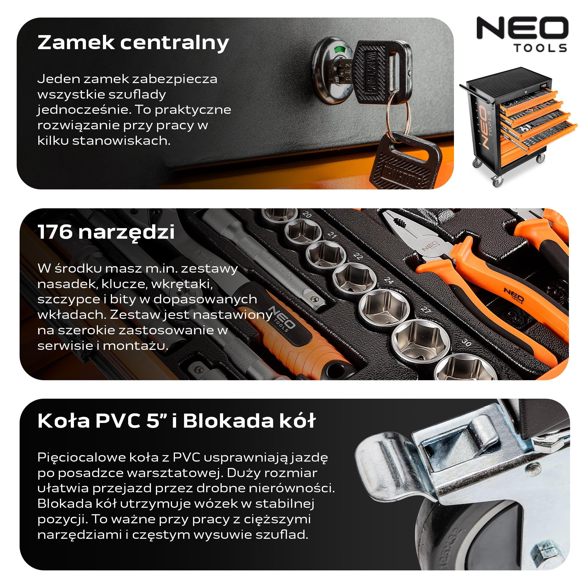 NEO TOOLS Wózek warsztatowy wypełniony narzędziami, 176-częściowy | 7 półek – szuflady z łożyskiem kulkowym – centralnie zamykany – mata antypoślizgowa – kółka obrotowe – hamulec postojowy – wózek