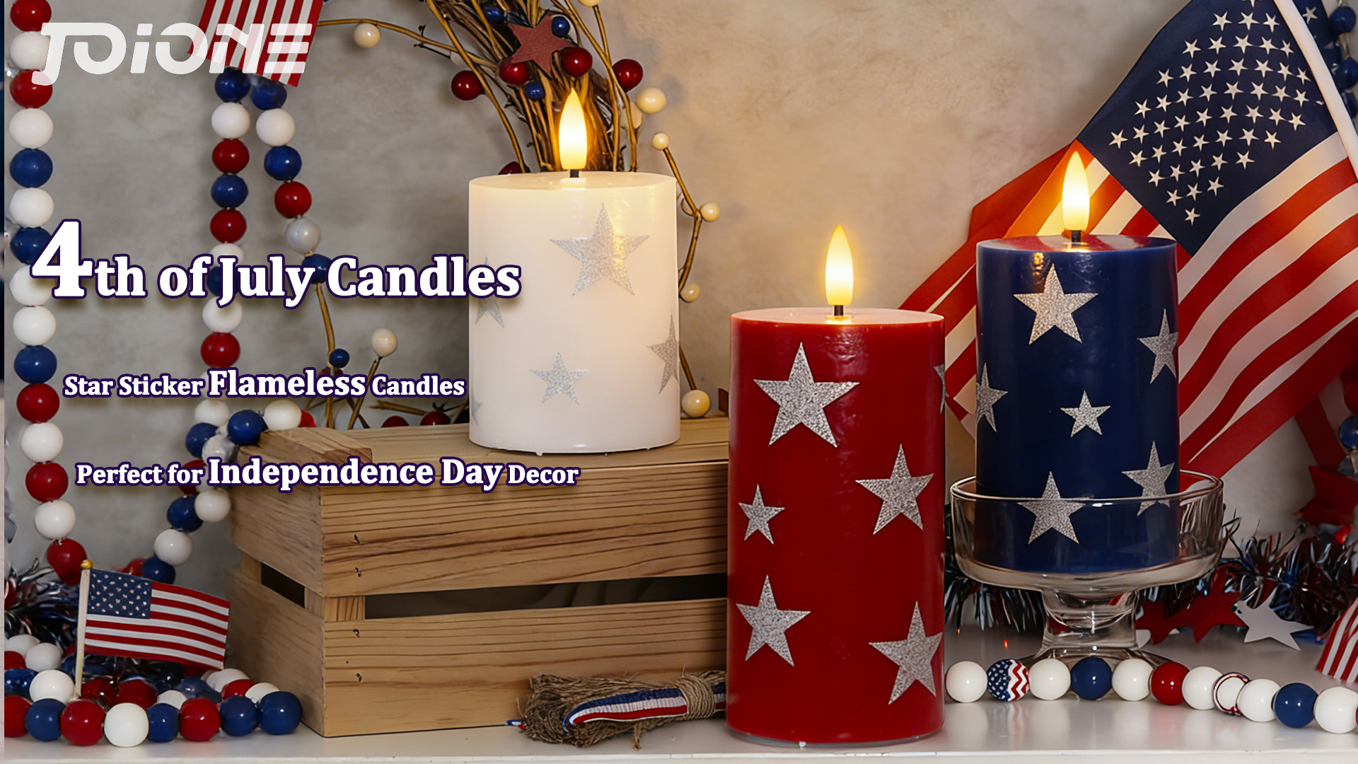 Image of JOIONE Patriotic Flameless Pillar Candles with Remote, 3 Pack Home Decor | Battery Operated, Star Sticker, Real Wax, Remote Control, Warm Flickering Glow, 4th of July Independence Day Party Decor
