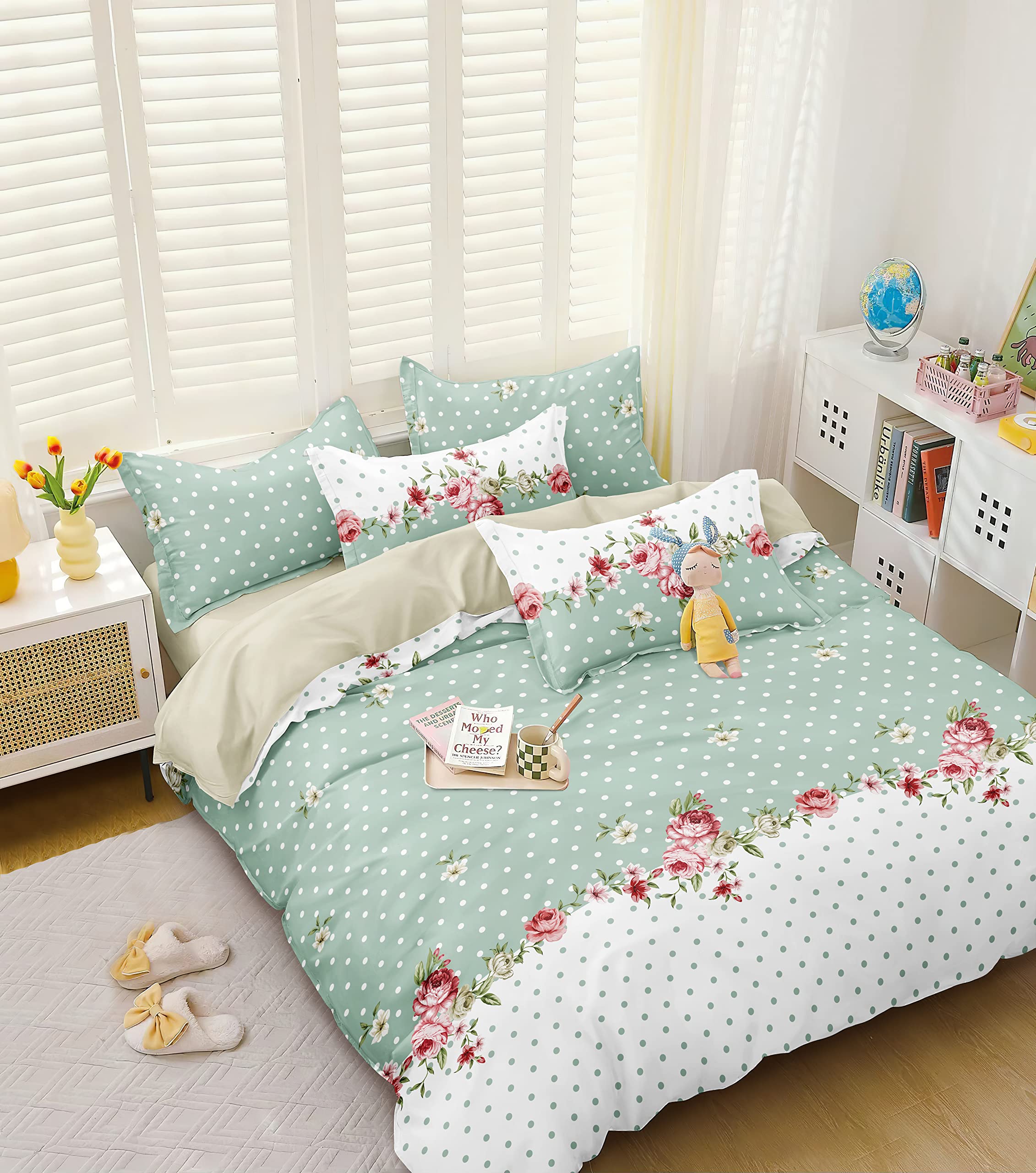 DECOMIZER Super Soft Glace Cotton 300 TC King Size Ac Comforter || Blanket || Duvet With 1 King Size Elastic Fitted Bedsheet 72"X78"X10" Inch And 2 Large Pillow Cover - 4 Piece Comforter Set - Green-image-45