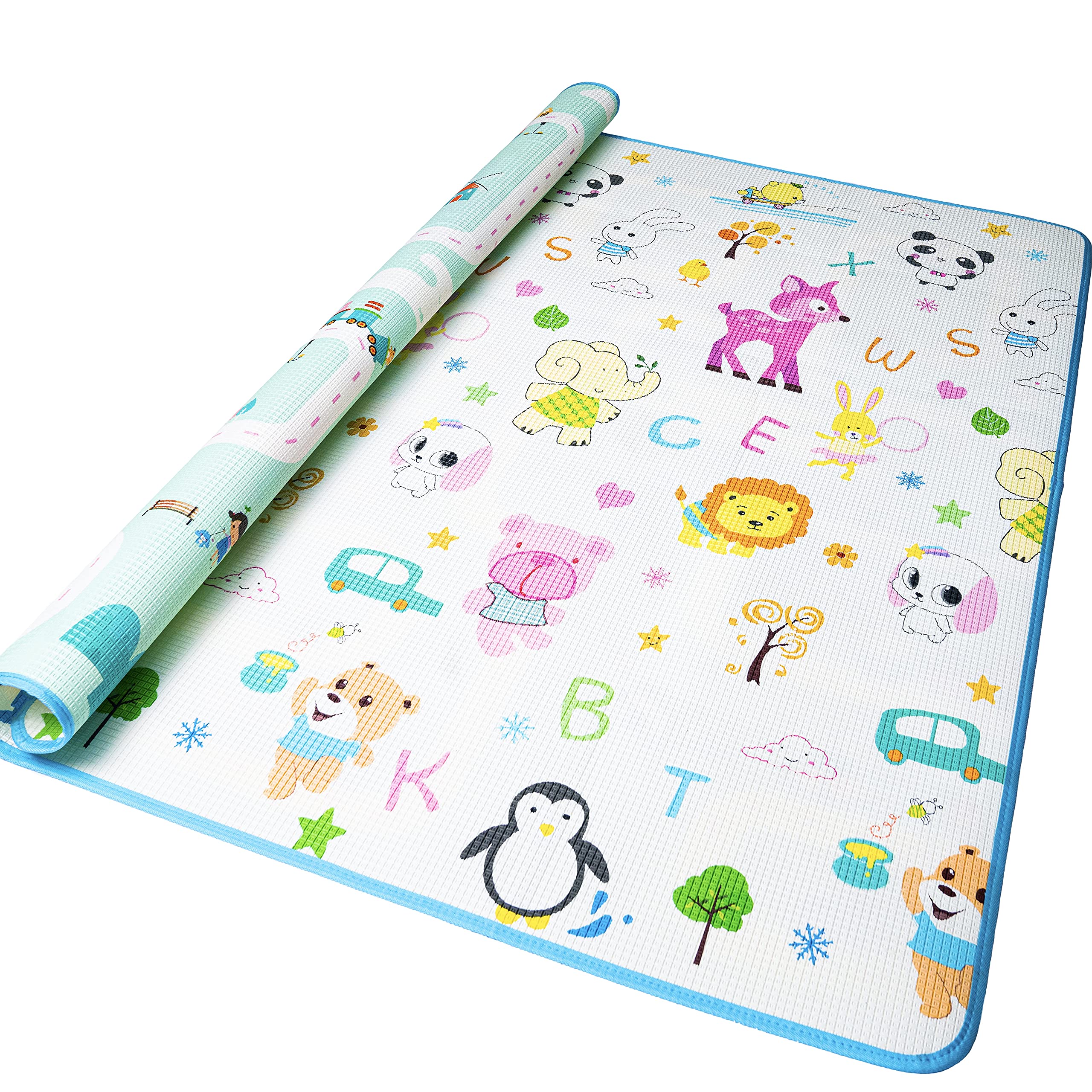 Tappeto Neonato Gattonamento Ripiegabile (con borsetta) Gioco e Divertimento Bambini con tanti Colori - Certificato CE (Bianco/Turchese)