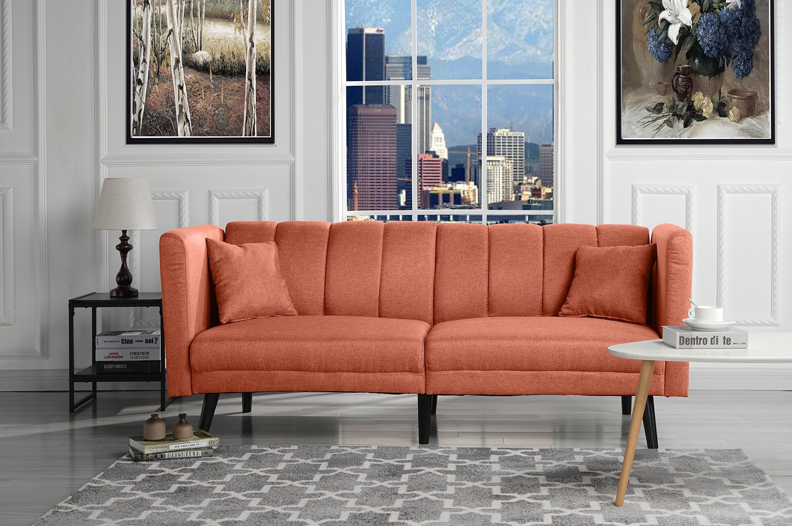 Mid Century Modern Plush Tufted Linen Fabric Living Room Sleeper Futon (Orange)
