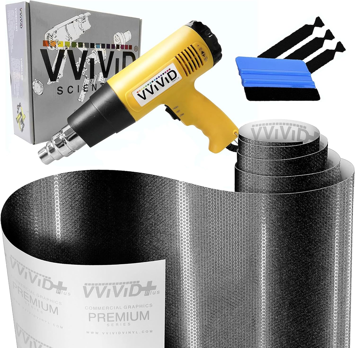 VViViD+ Honeycomb Matte Black Small Pattern Car Wrap Vinyl (1ft x 5ft) + Heat Gun with 3M Toolkit - M0