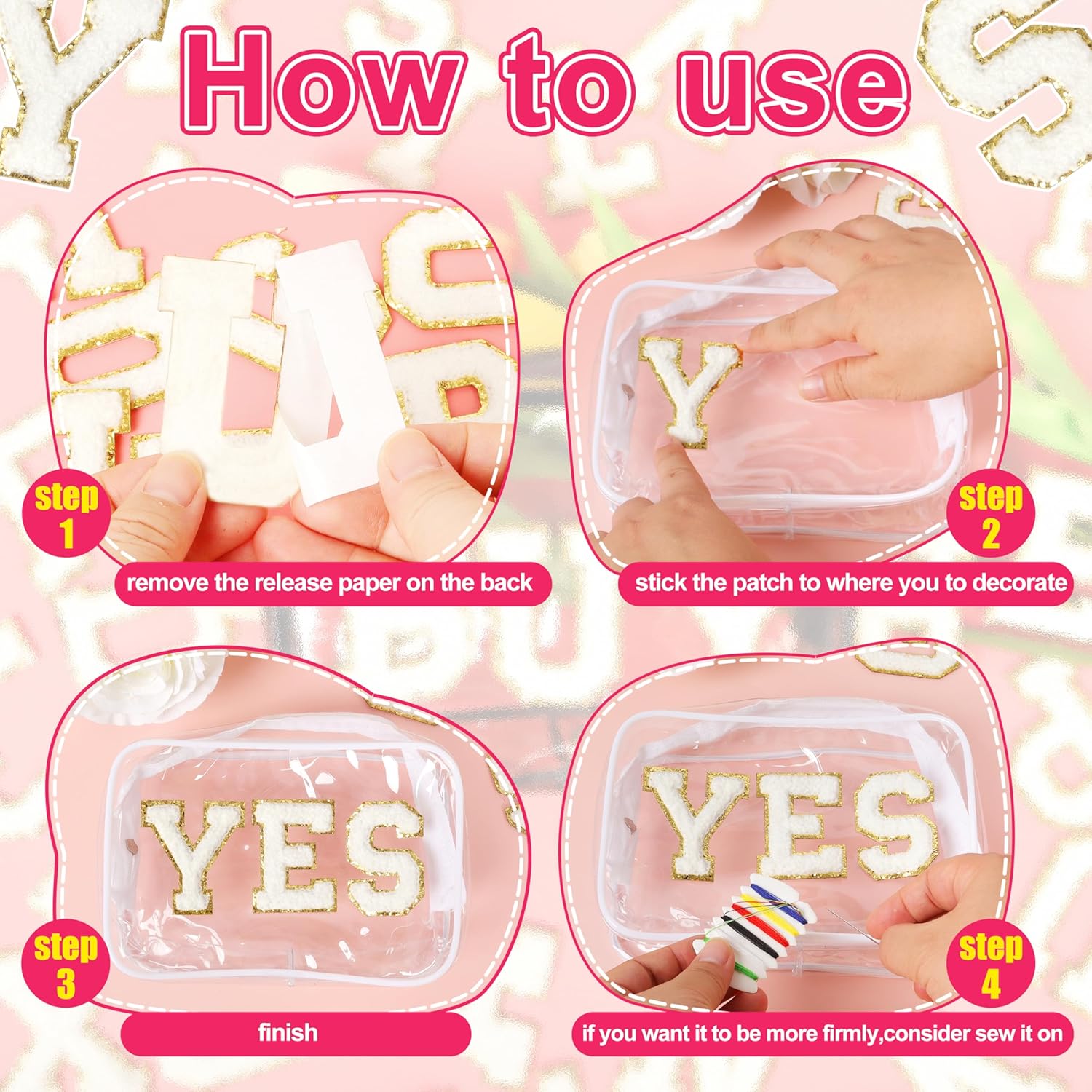 White Chenille Letters Self-Adhesive Patches: KINGSOW 52PCS Self Adhesive Varsity Iron on Letter Patches Stick on Embroidered Patch for Clothing - Image 6