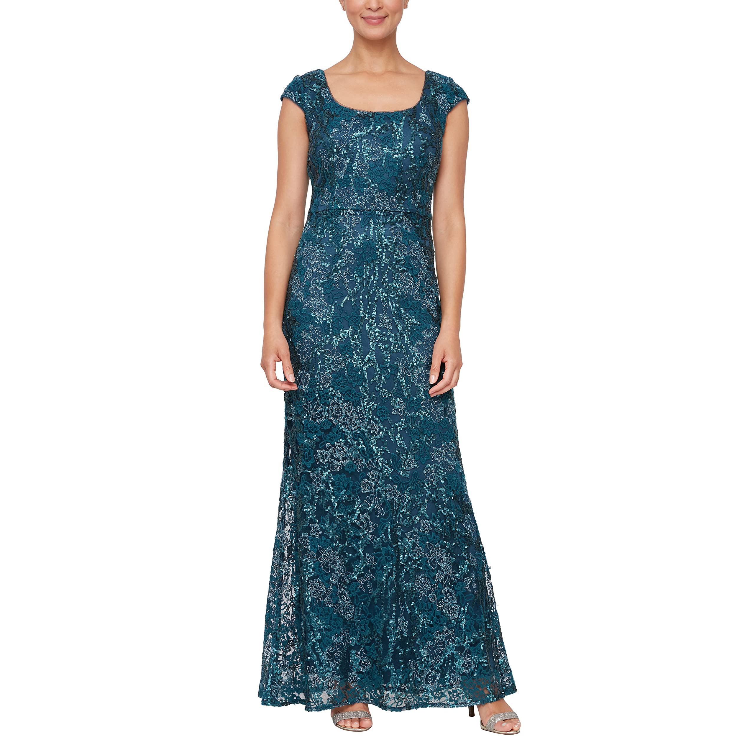 Alex Evenings Womens Long Embroidered Cap Sleeve Dress