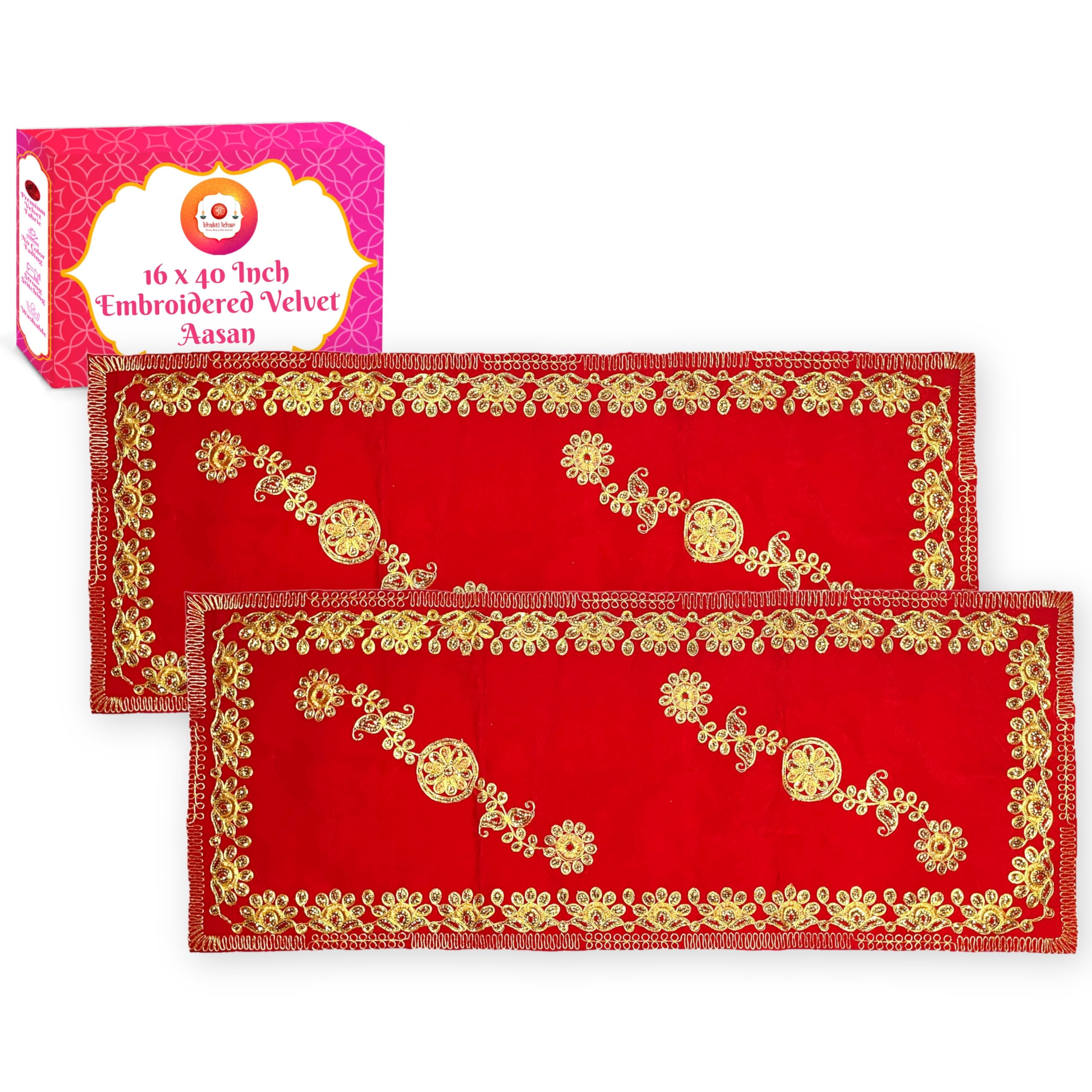 Bhakti Lehar (16 x 40 Inch) Large Size Embroidered Zari Work Velvet Pooja Aasan Mat for God Idol Sitting, Home Mandir Decoration, Temple Shelf, Pooja Chowki - Pack of 2 (Design-1)-picture-22