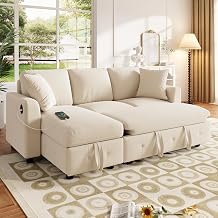 Merax Corner Sofa Bed with Reversible Storage Chaise, L-Shaped 3 Seater Sectional Sofa with Pull-Out Bed, USB Ports, 2 Square Cushions, Space-Saving Convertible Design for Living Room, Bedroom, Beige