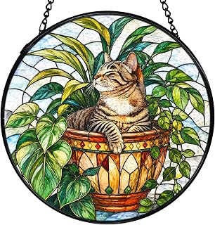 Tabby Cat Plant Flowerpot Suncatcher Window Hanging Wall Decor