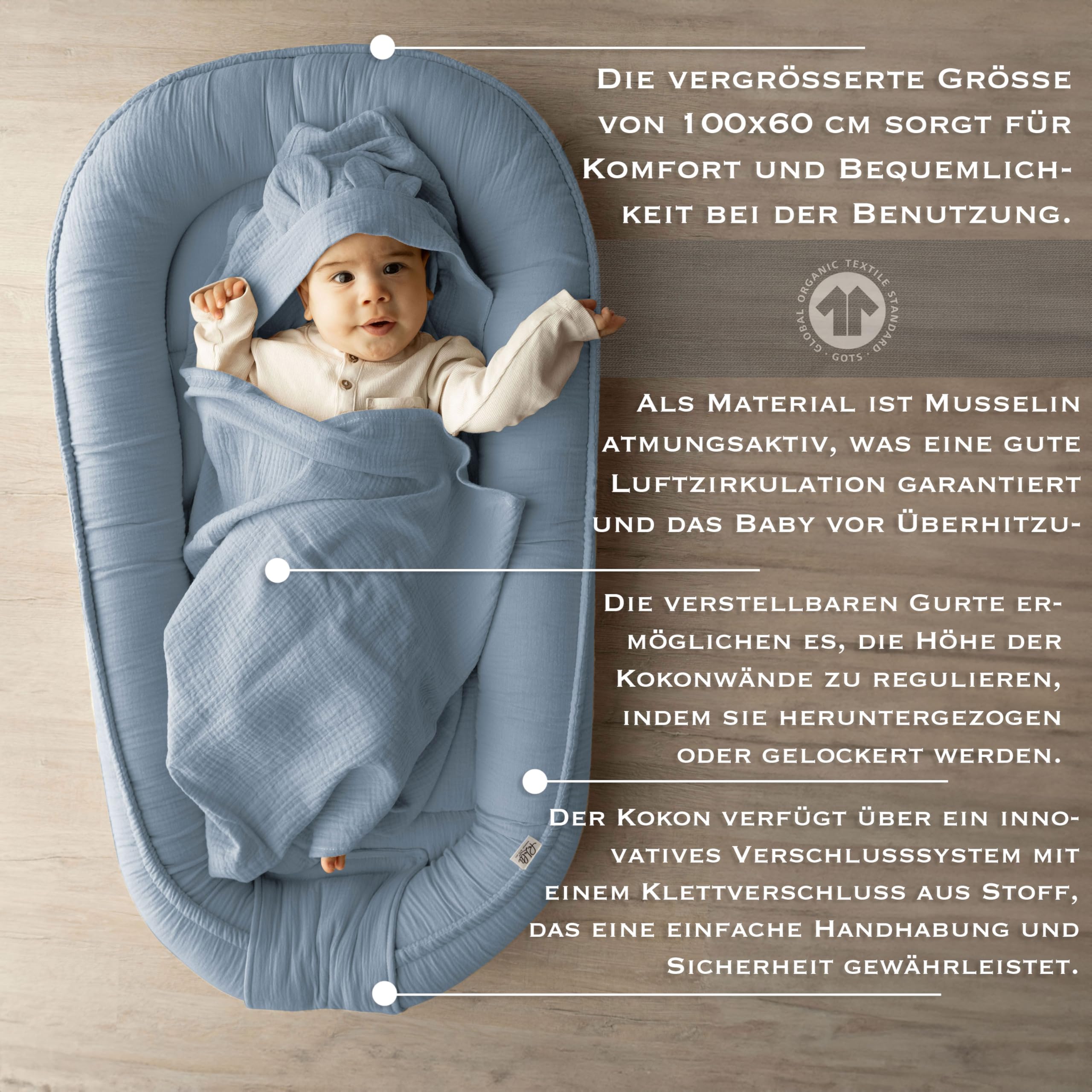 PaLulli® 2-stronne muślinowe gniazdo niemowlęce z chustką, oddychający muślin – ręcznik z kapturem i wszytymi uszami, 100% muślinu Oeko Tex, przytulne gniazdo do łóżeczka dziecięcego – dla niemowląt i