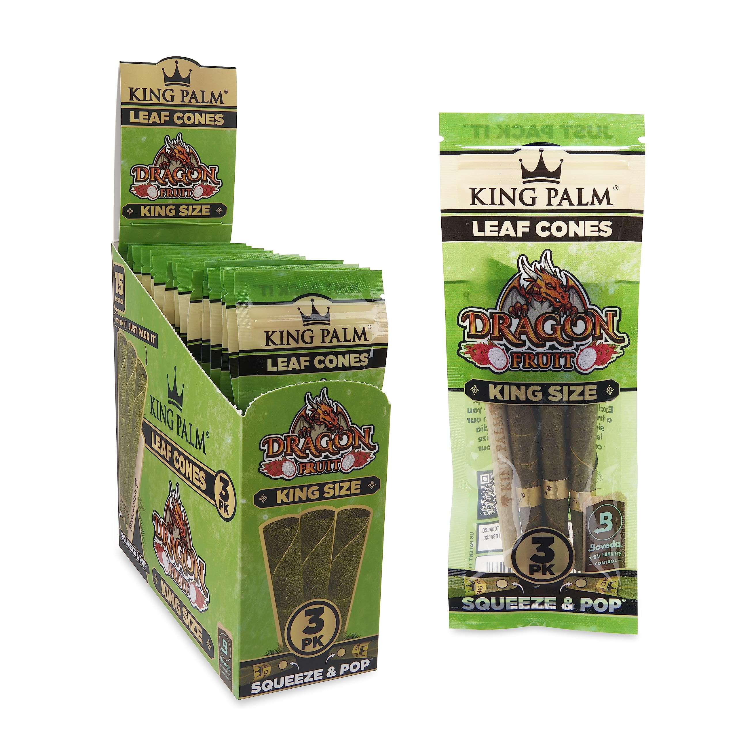 King Palm Preroll Cone with Filter Tip - All Natural Pre-Roll Wrap - Organic Palm Leaf Pre-Roll Cones - 3 Cones per Pack, 15 Pack Display - (Dragon Fruit, King Size)