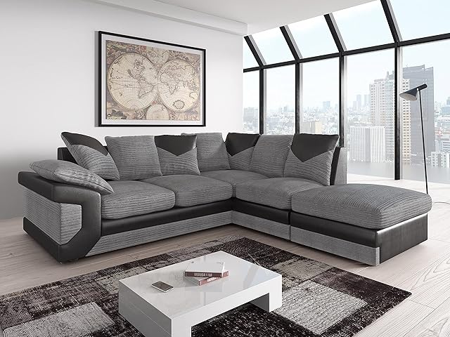 Amazing Sofas NEW LARGE DINO CORNER SOFA JUMBO CORD GREY BLACK OR BEIGE BROWN LEFT OR RIGHT(Grey Black right). Fire resistant as per British Standards, foam filled seats for comfort.