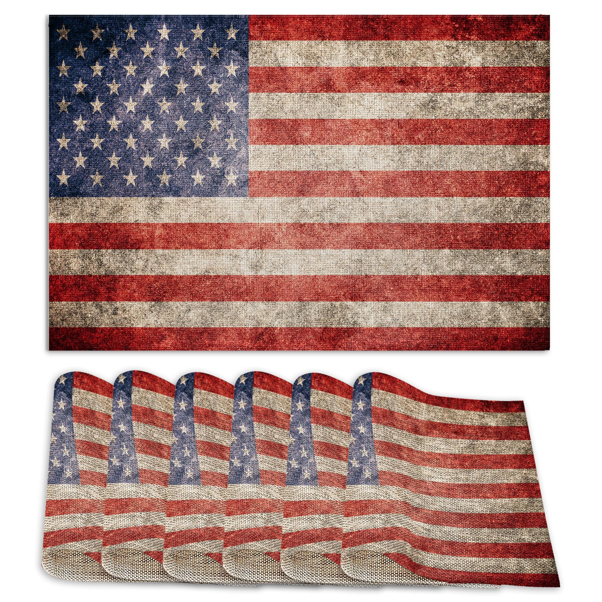 Vintage American Flag Placemats Set of 6,12x18 Inch Table Mats for Kitchen Table Washable Farmhouse Linen Table Mats Dining Decoration