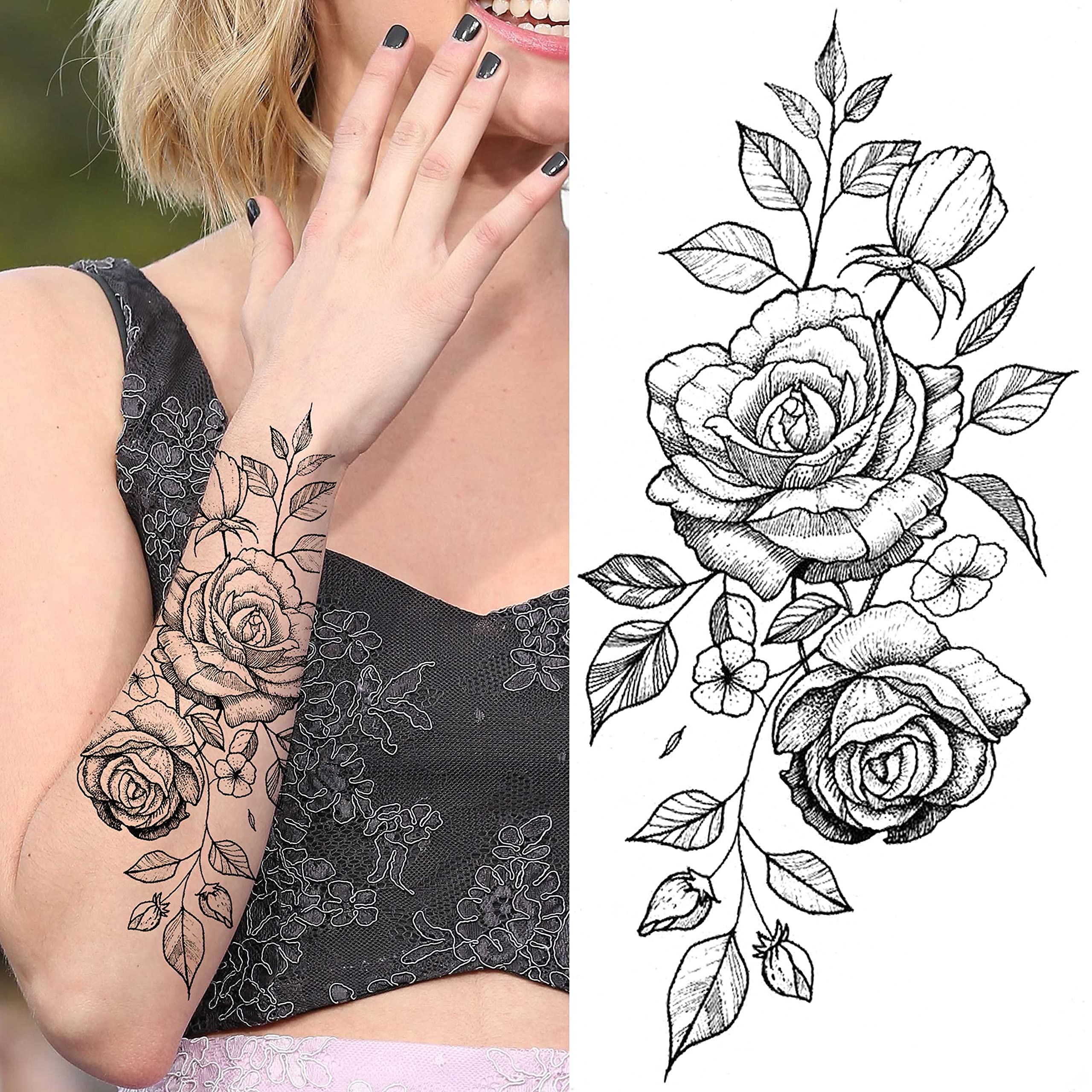 LAROI 8 Sheets Realistic Flower Large Peony Rose Temporary Tattoos Stickers Body Art Big Arm