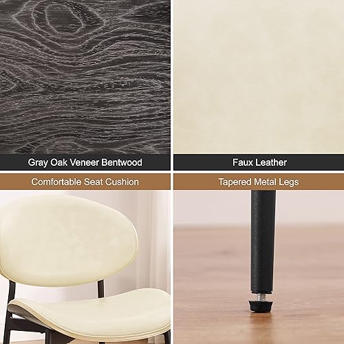 Miniatura 3 de Art Leon Sillas de comedor, juego de 2, madera curvada de roble negro, silla moderna de mediados de siglo, sillas de cuero sintético blanco hueso,