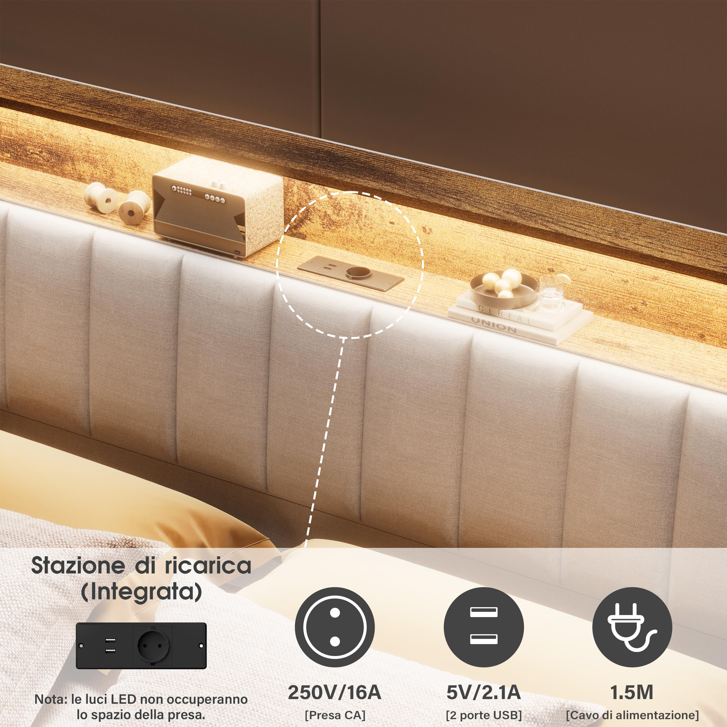 DEWINNER 160x200 Struttura Letto Con Illuminazione A LED, Letto Matrimoniale Con Testiera Contenitiva, Dotata Di Prese Multiple (1 Presa CA, 2 Porte USB), Struttura Robusta, Tessuto Di Lino Bianco