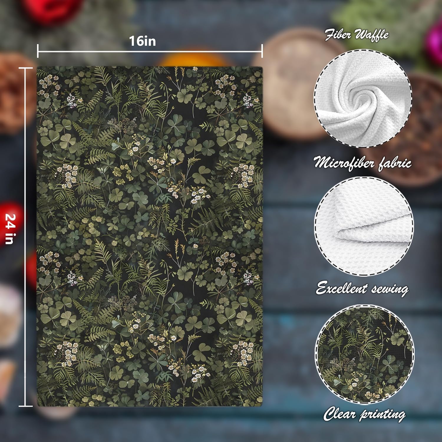 Dark Botanical Floral Kitchen Towels, Dark Cottagecore Fern Leaf Decorative Dish Tea Towels, Vintage Green Floral Hand Towels for Kitchen Bathroom Decor, 16x24 Inch - Image 2