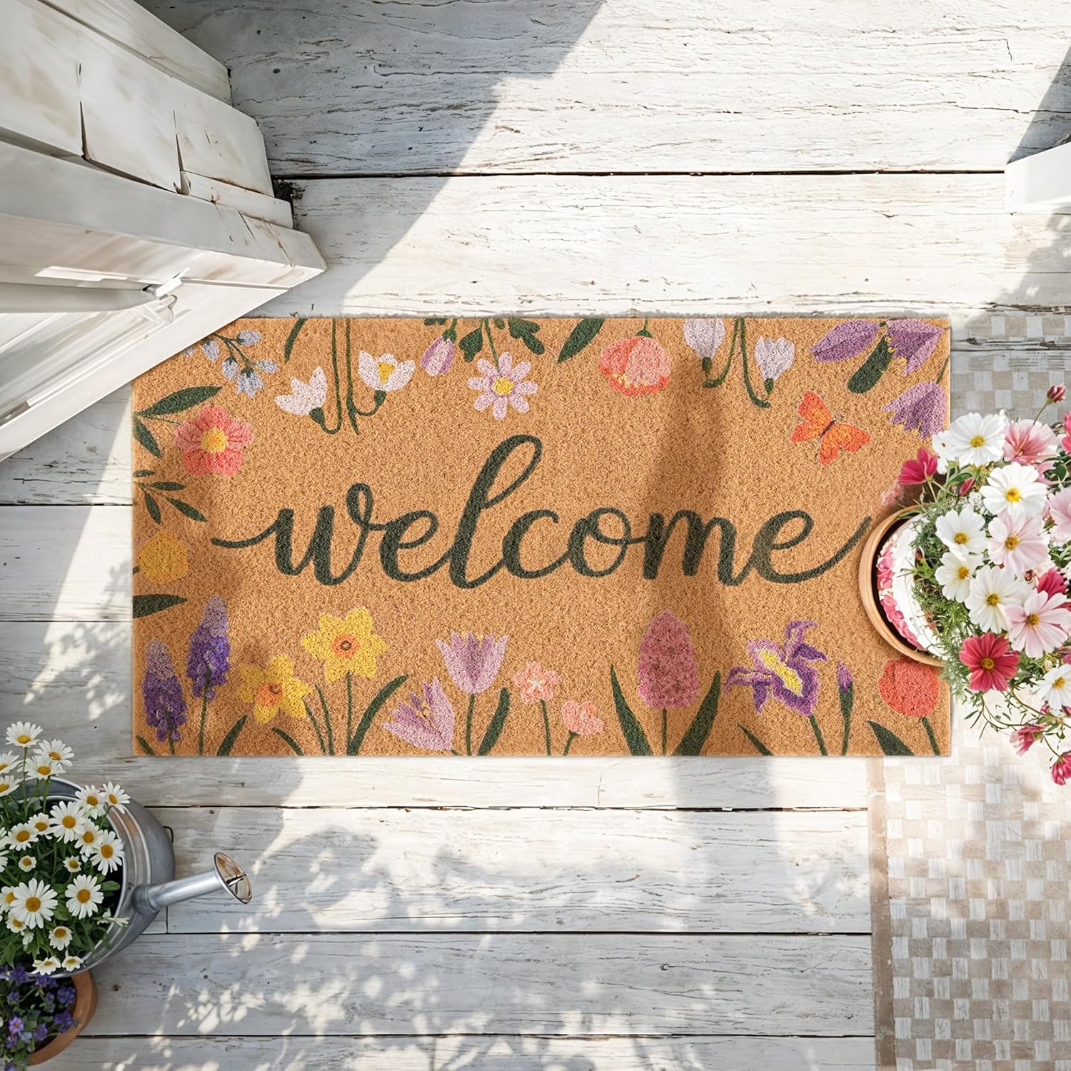 Spring Door Mat with Wildflowers Border, Outdoor Indoor Welcome Mat for Front Door, Spring Decor Floral Style for Porch, Patio or Entryway, 17" x 29.5" (Welcome)