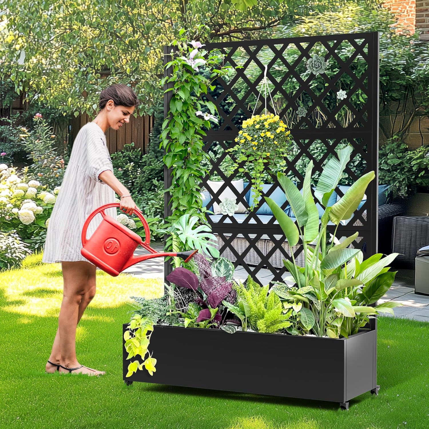 Metal Planter Box with Trellis, Raised Garder Bed with Drainage Hole, Privacy Screen & Trellis for Climbing Plants, Outdoor Plant Stands, 47''L×17''W×73''H, Black