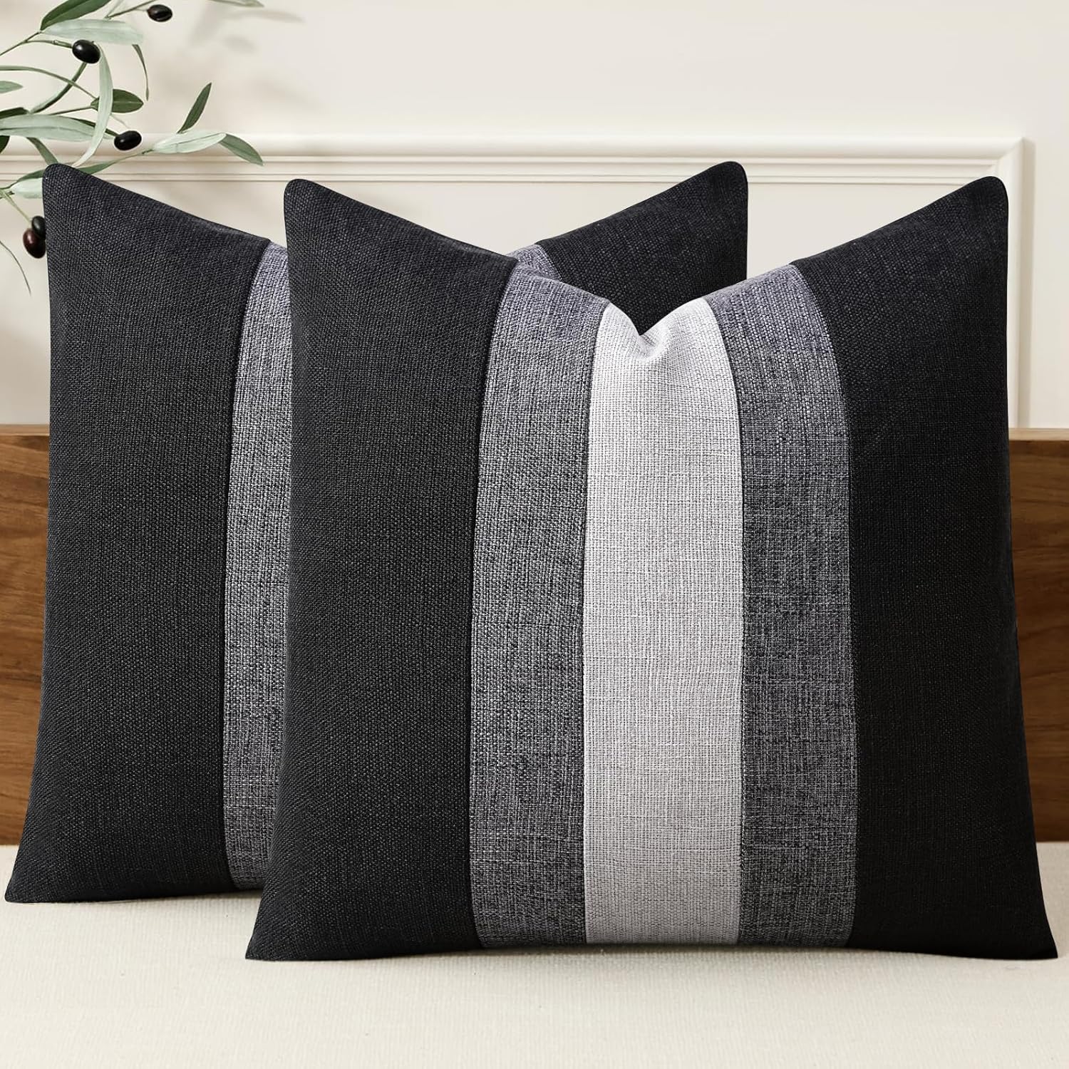 Adabana Modern Pillow Covers 18x18 Set of 2 Farmhouse Decor Patchwork Linen Cushion Covers for Couch Living Room Bed Black and Grey
