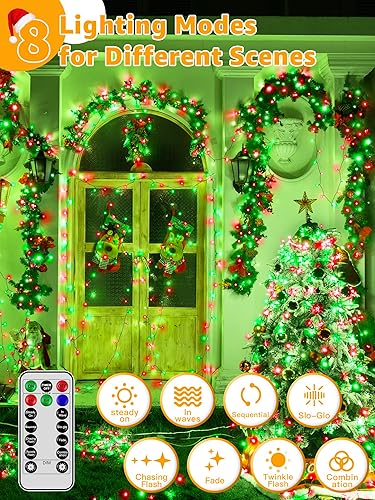 Miniatura 3 de 500 luces LED de Navidad de 164 pies, tira de luces impermeables para exteriores con control remoto y temporizador, luces de árbol de Navidad con 8
