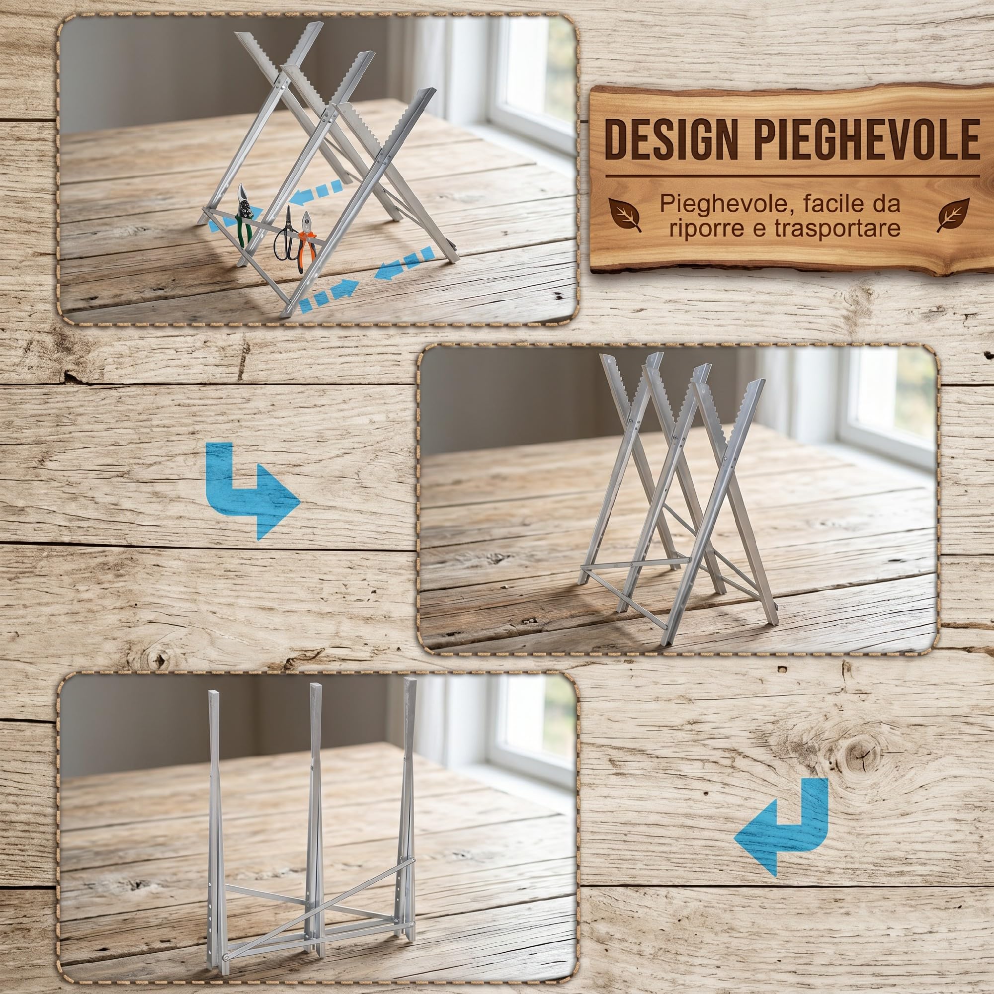 DURHAND Cavalletto Taglialegna Pieghevole con Denti 83x83x79 cm Argento | Triangolare, Altezza Regolabile, Denti Seghettati, Cavalletto per Legna in Metallo