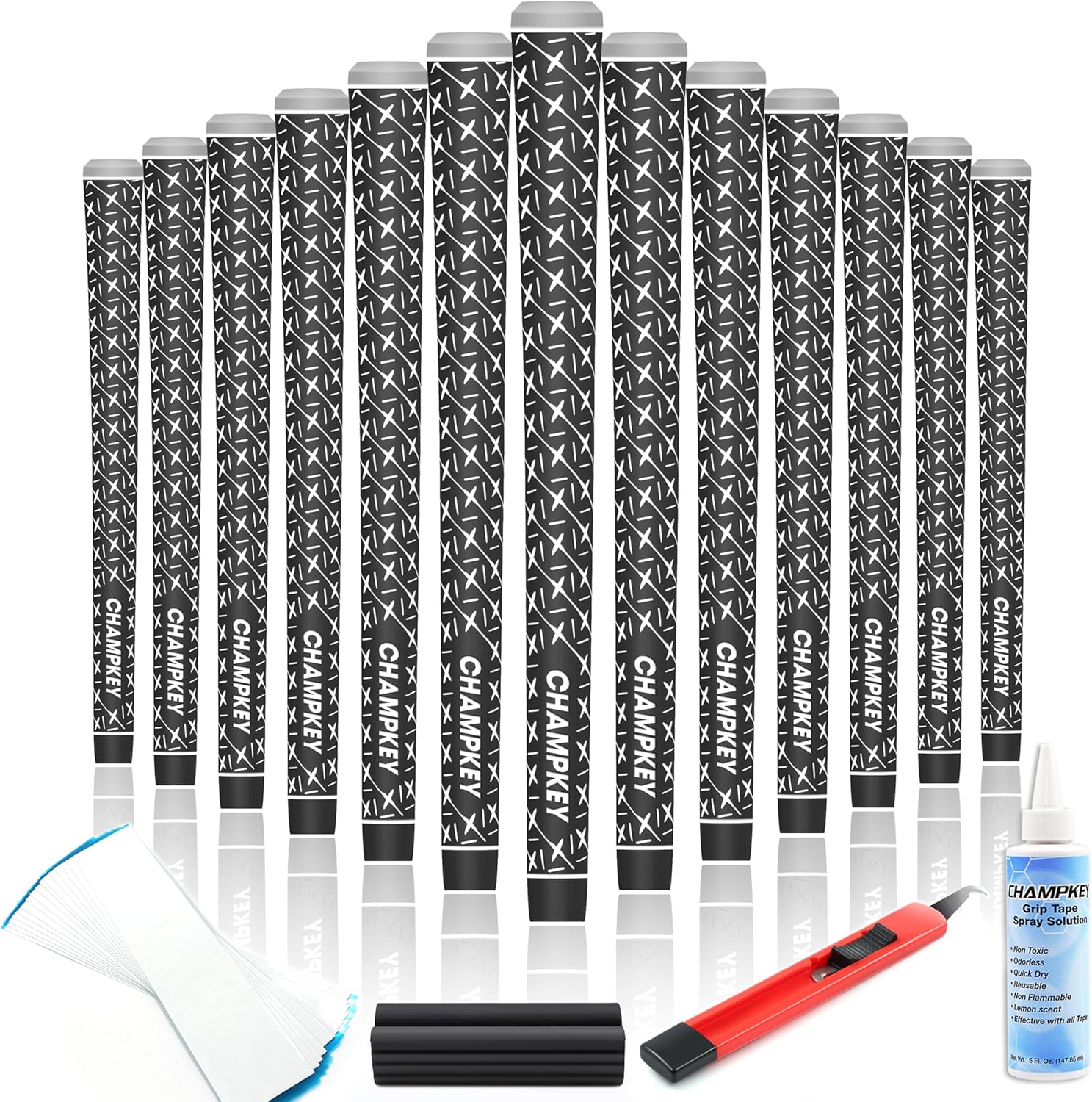 CHAMPKEY X Rubber Golf Grips 13 Pack - All Weather Performance with 15 Tapes and Repair Kits