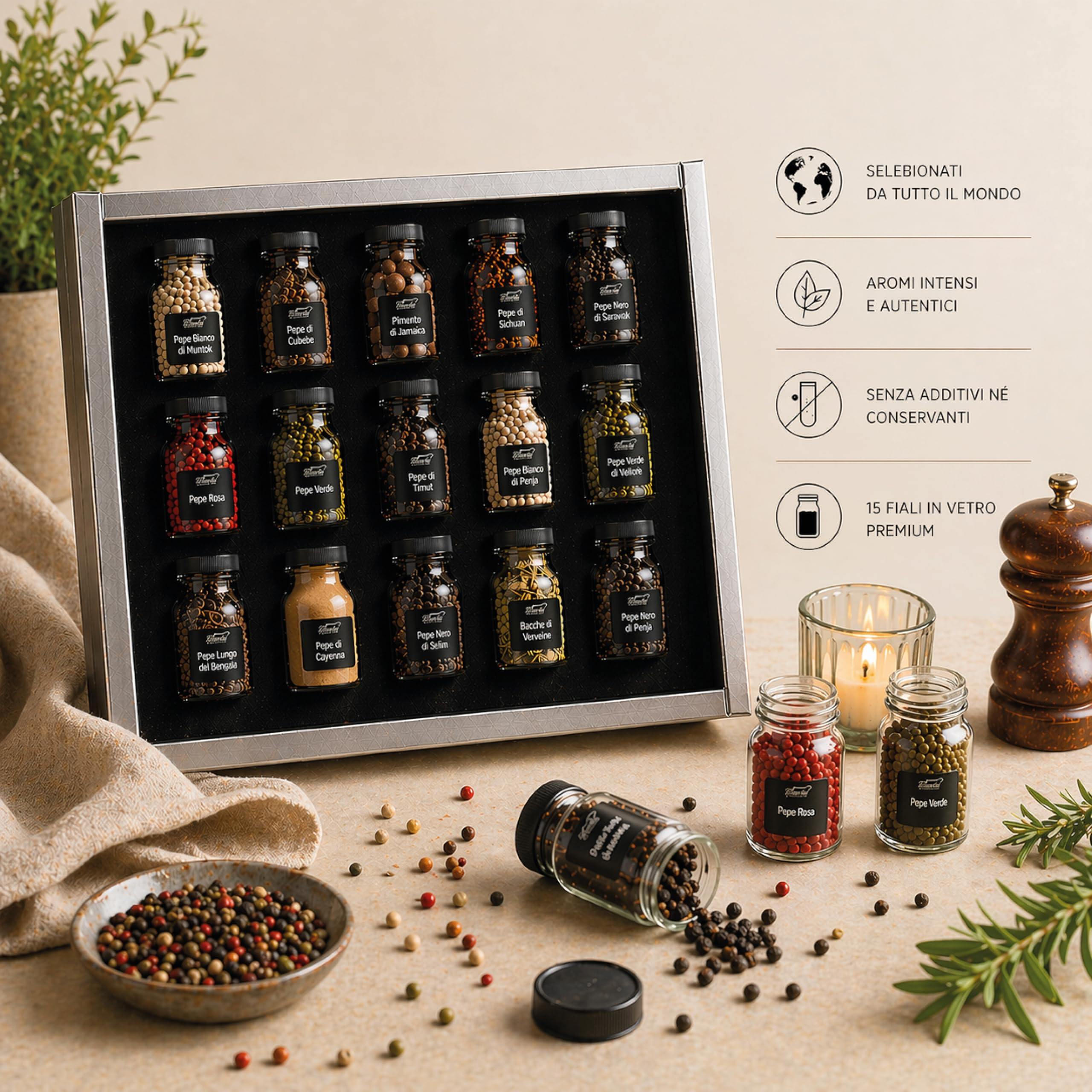 Bembo Set Regalo 15 Pepi del Mondo – Collezione Degustazione | 15 pepi da guardare, toccare, annusare e assaggiare. Un viaggio tra aromi del mondo. Made in Italy.