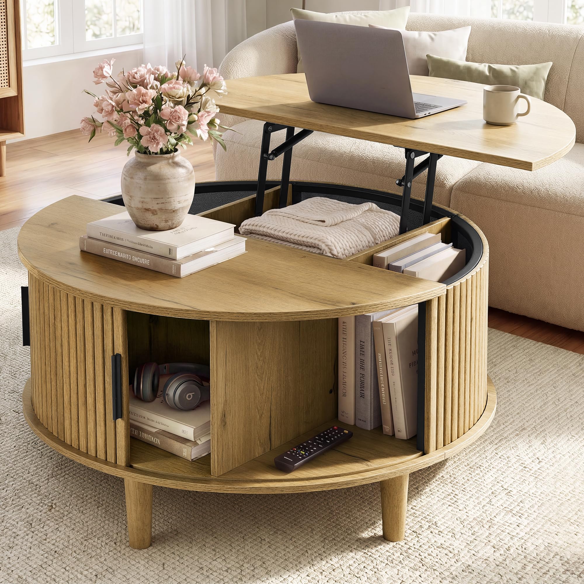 Round Lift-Top Coffee Table with Hidden Storage