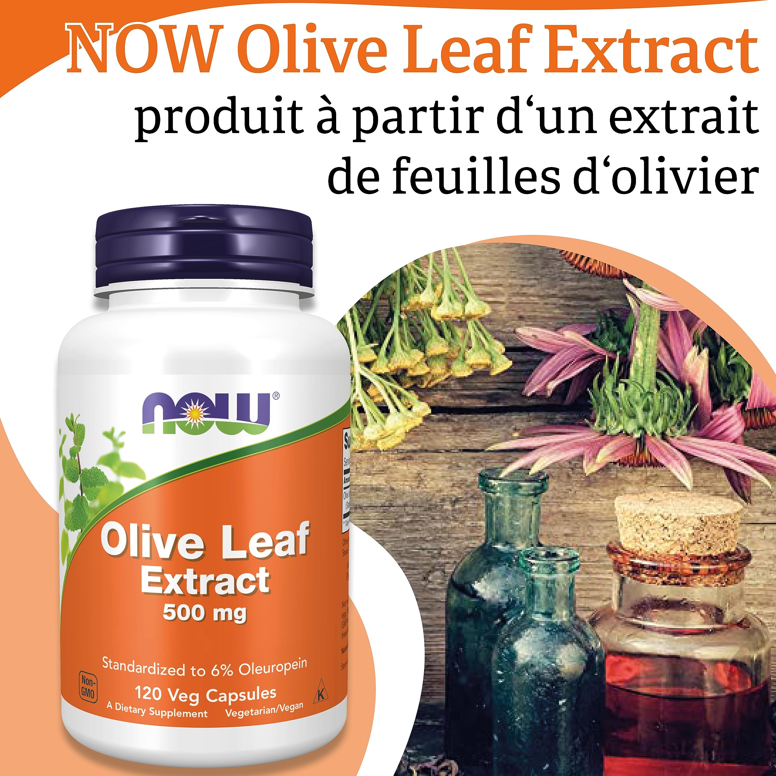 Now Foods, Olive Leaf Extract (Extrait de Feuille d'Olivier), 500mg, 120 Capsules végétaliennes, Testé en Laboratoire, Sans Soja, Sans Gluten, Végétarien, Sans OGM