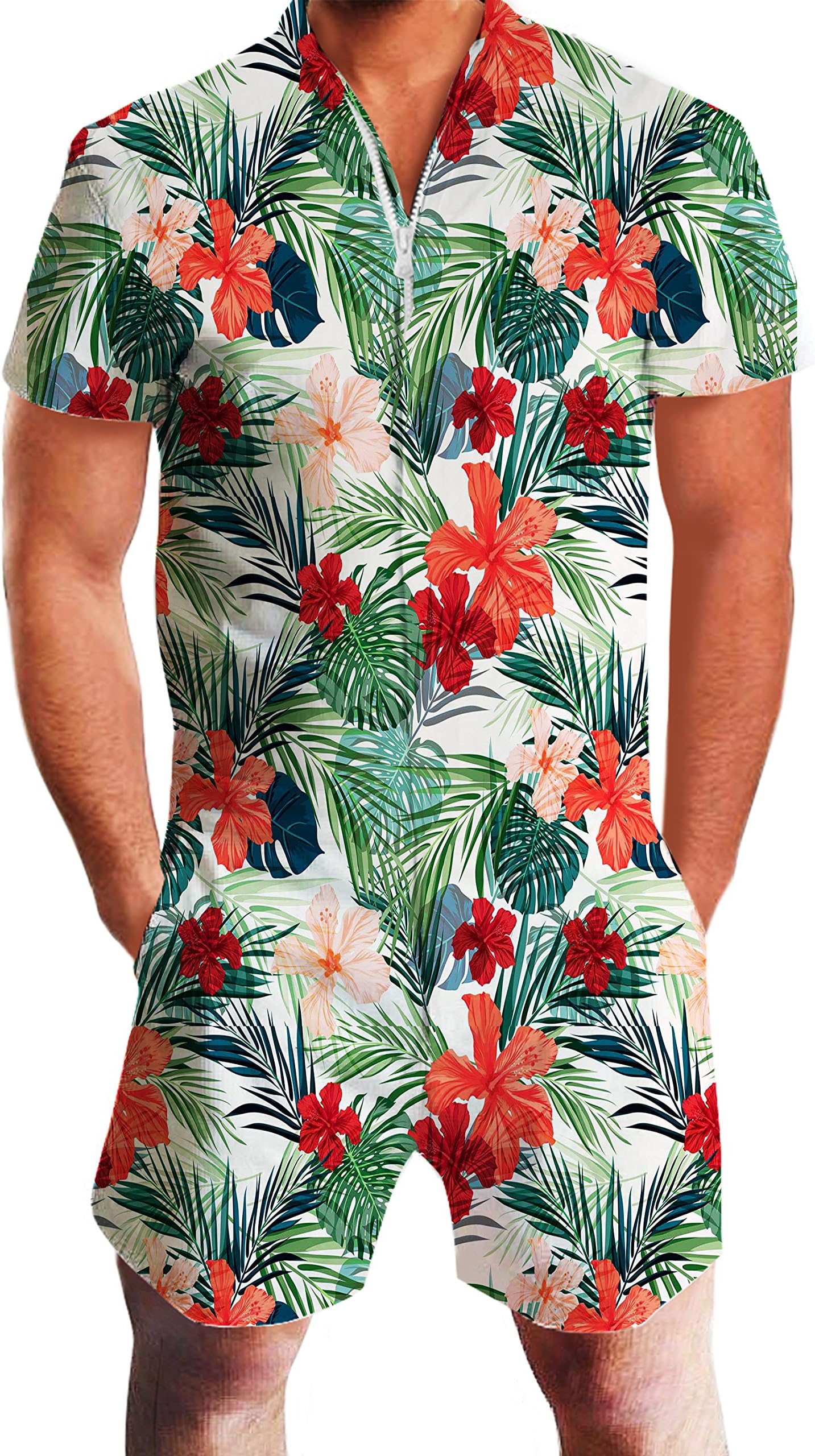 AIDEAONEMens Casual 3D Printed Short Sleeve Rompers Zip Jumpsuit with Pocket S-XXL