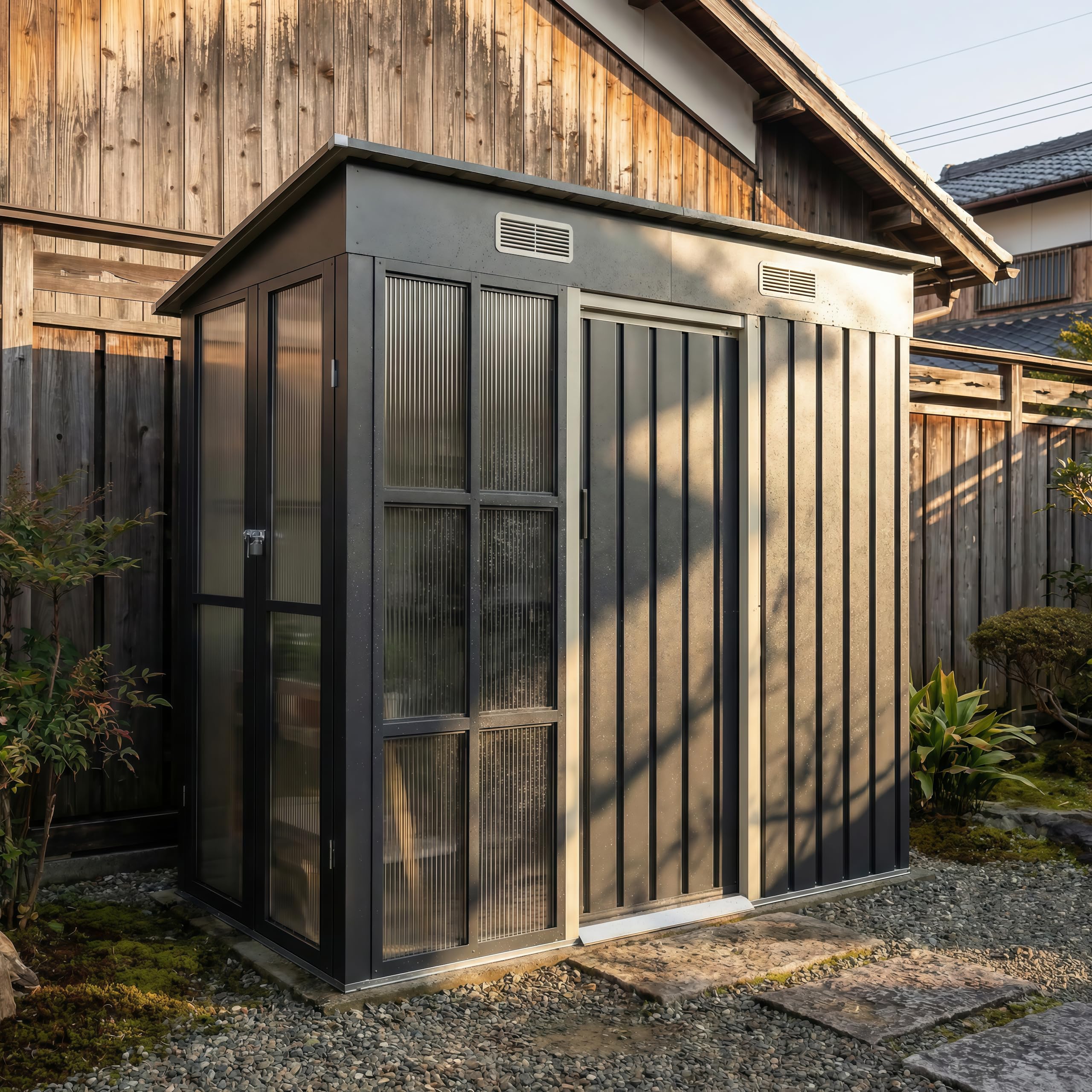 Amazon | 温室付き物置 屋外 大型 スチール物置 大容量2050L 防水耐候