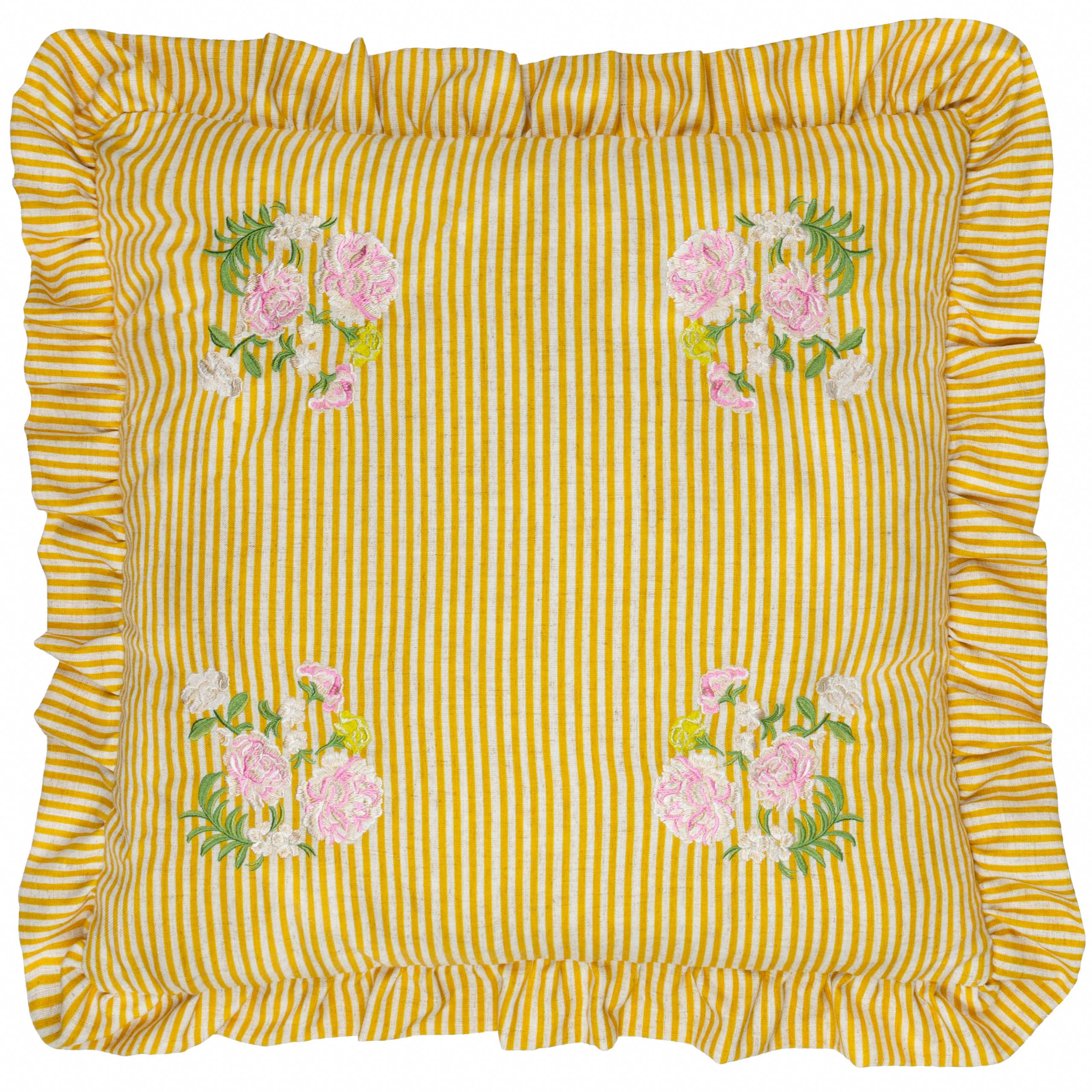 furn. Wylder Martha Ruffle Polyester Filled Cushion – Country Cottage Floral Embroidered Striped Decorative Pillow (Yellow – 50x50cm)